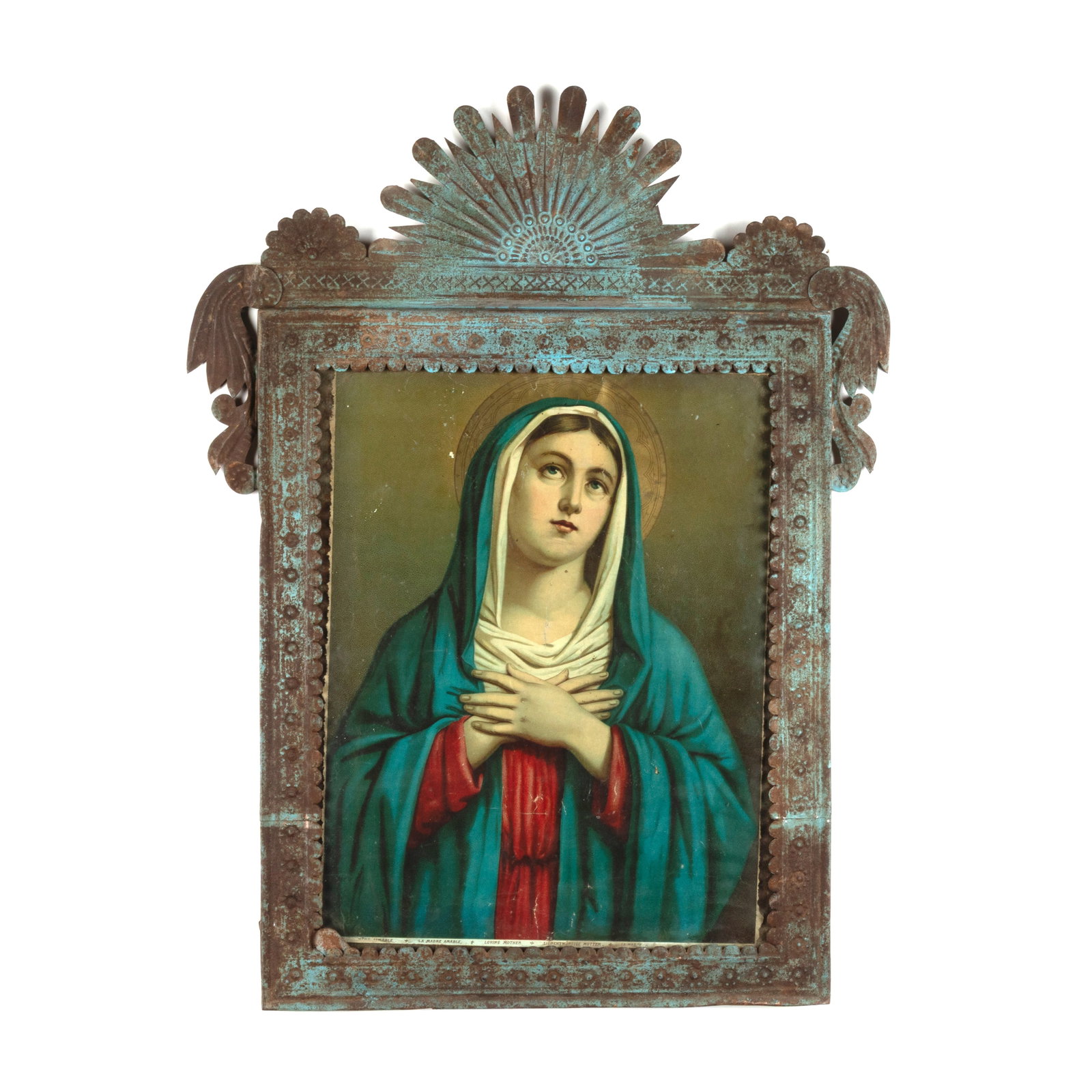 Mexican, Virgen Dolorosa Print in Stamped Tin Frame, ca. 19th Century: Mexican Virgen Dolorosa Print in Stamped Tin Frame, ca. 19th Century stamped tin, European print 15 3/4 x 11 3/4 in. (40 x 29.8 cm.), frame: 25 x 19 3/8 x 3/4 in. (63.5 x 49.2 x 1.9 cm.) Private
