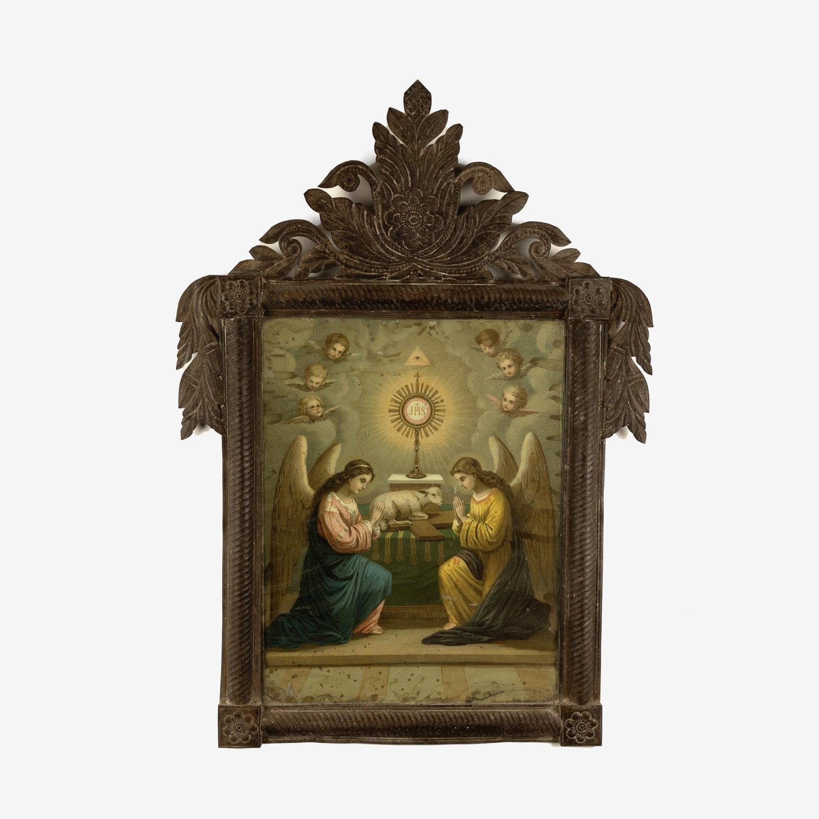 Mexican, Adoration of the Blessed Sacrament Print in Stamped Tin Frame, ca. 19th Century: Mexican Adoration of the Blessed Sacrament Print in Stamped Tin Frame, ca. 19th Century stamped tin, European print 16 1/4 x 12 1/2 in. (41.3 x 31.8 cm.), frame: 27 5/8 x 19 5/8 x 1 1/4 in. (70.2 x 49