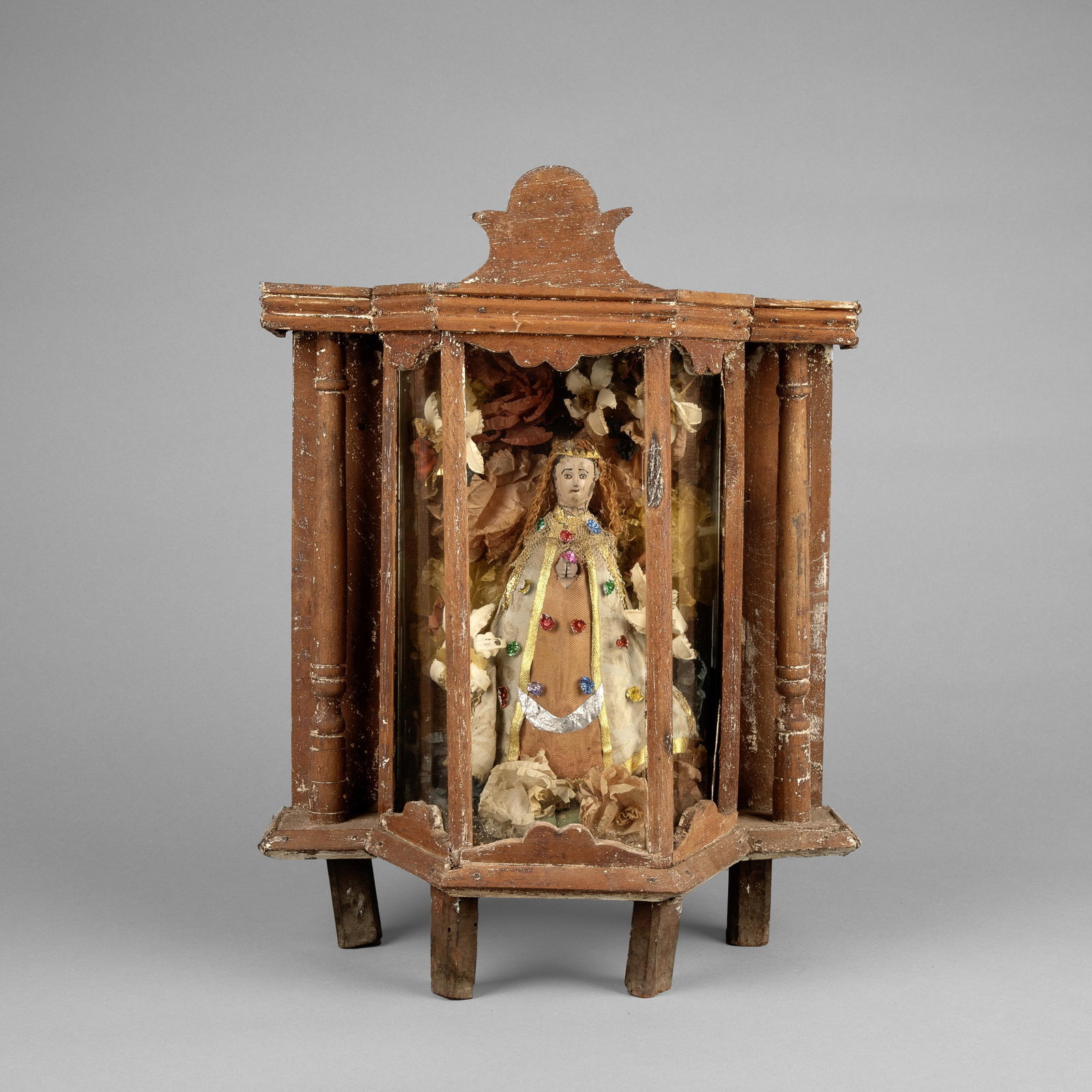 Mexican, Nicho, ca. 19th Century: Mexican Nicho, ca. 19th Century carved and painted wood, glass, mixed media Folk Art 17 1/4 x 12 3/4 x 6 1/4 in. (43.8 x 32.4 x 15.9 cm.) Private Collection, Texas