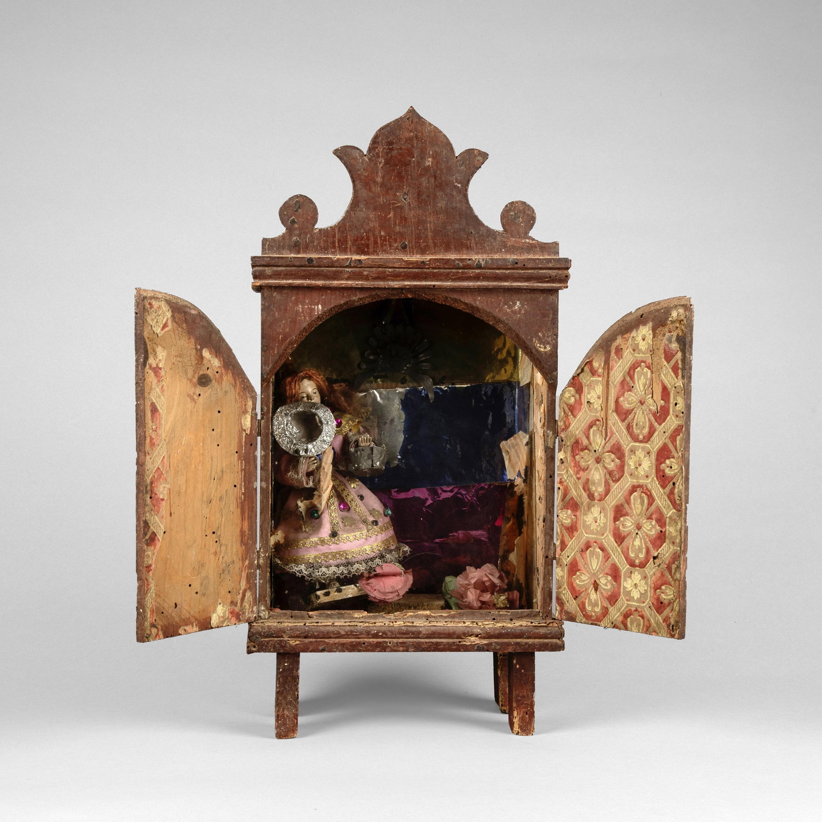 Mexican, Nicho, ca. 19th Century: Mexican Nicho, ca. 19th Century carved and painted wood, glass, mixed media Folk Art 19 1/4 x 9 1/2 x 5 in. (48.9 x 24.1 x 12.7 cm.) Private Collection, Texas