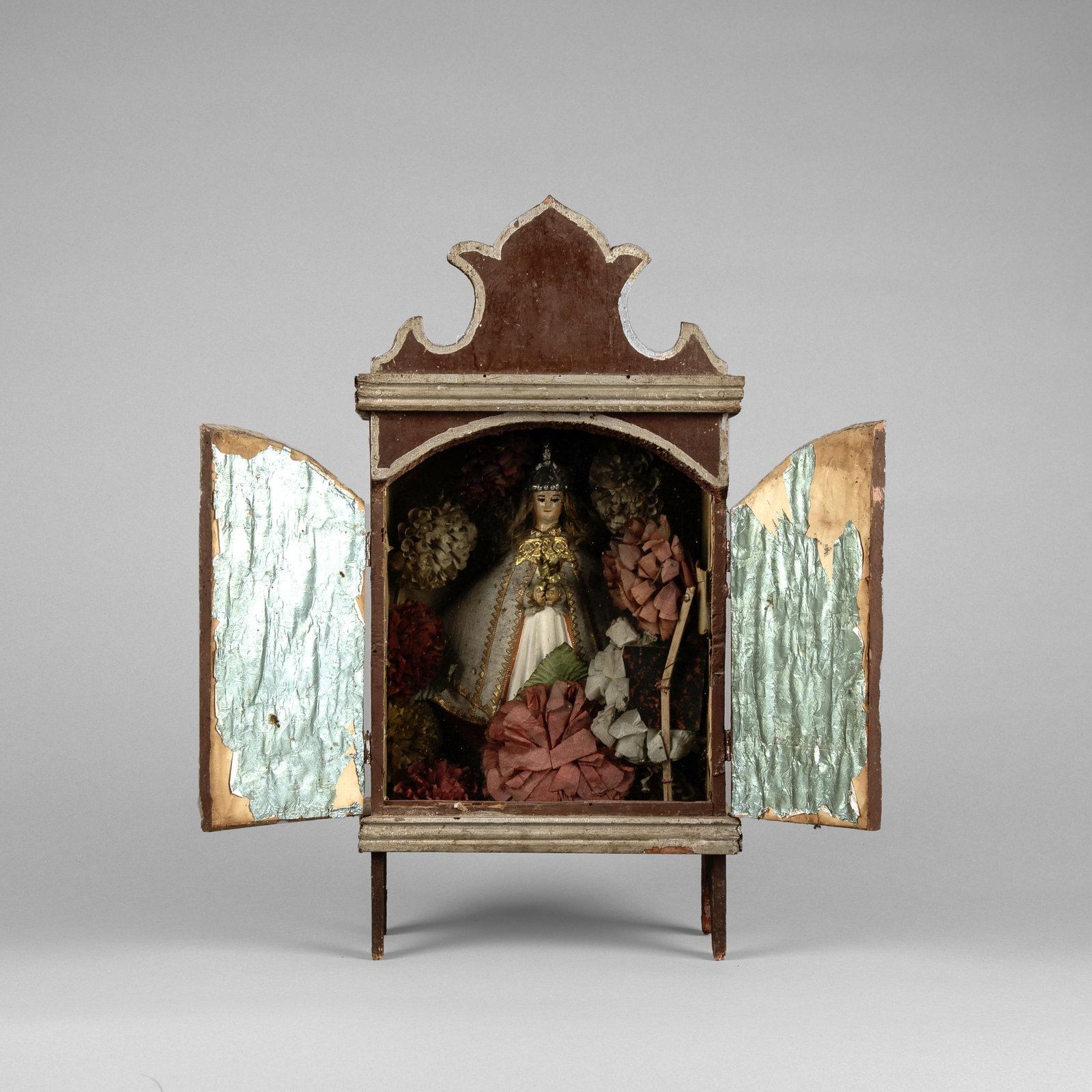 Mexican, Nicho, ca. 19th Century: Mexican Nicho, ca. 19th Century carved and painted wood, glass, mixed media Folk Art 16 7/8 x 8 3/8 x 4 1/8 in. (42.9 x 21.3 x 10.5 cm.) Private Collection, Texas