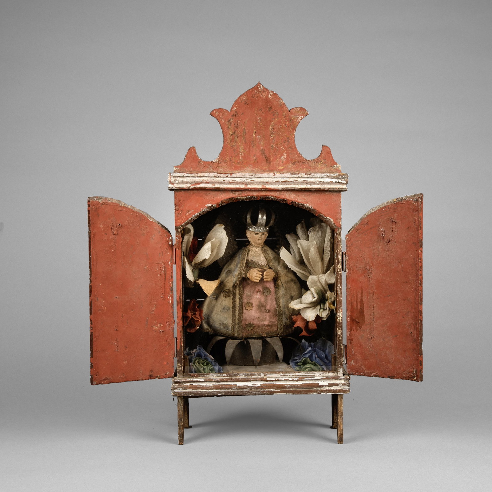 Mexican, Nicho, ca. 19th Century: Mexican Nicho, ca. 19th Century carved and painted wood, glass, mixed media Folk Art 17 x 8 1/4 x 4 1/2 in. (43.2 x 21 x 11.4 cm.) Private Collection, Texas