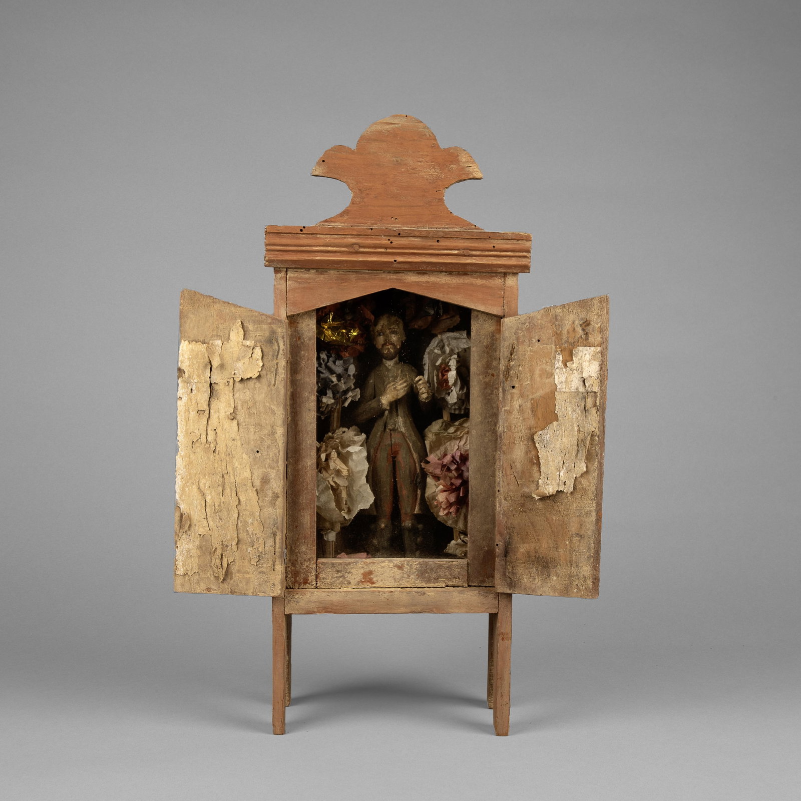 Mexican, Nicho, ca. 19th Century: Mexican Nicho, ca. 19th Century carved wood, glass, mixed media Folk Art 17 1/4 x 7 1/4 x 3 7/8 in. (43.8 x 18.4 x 9.8 cm.) Private Collection, Texas