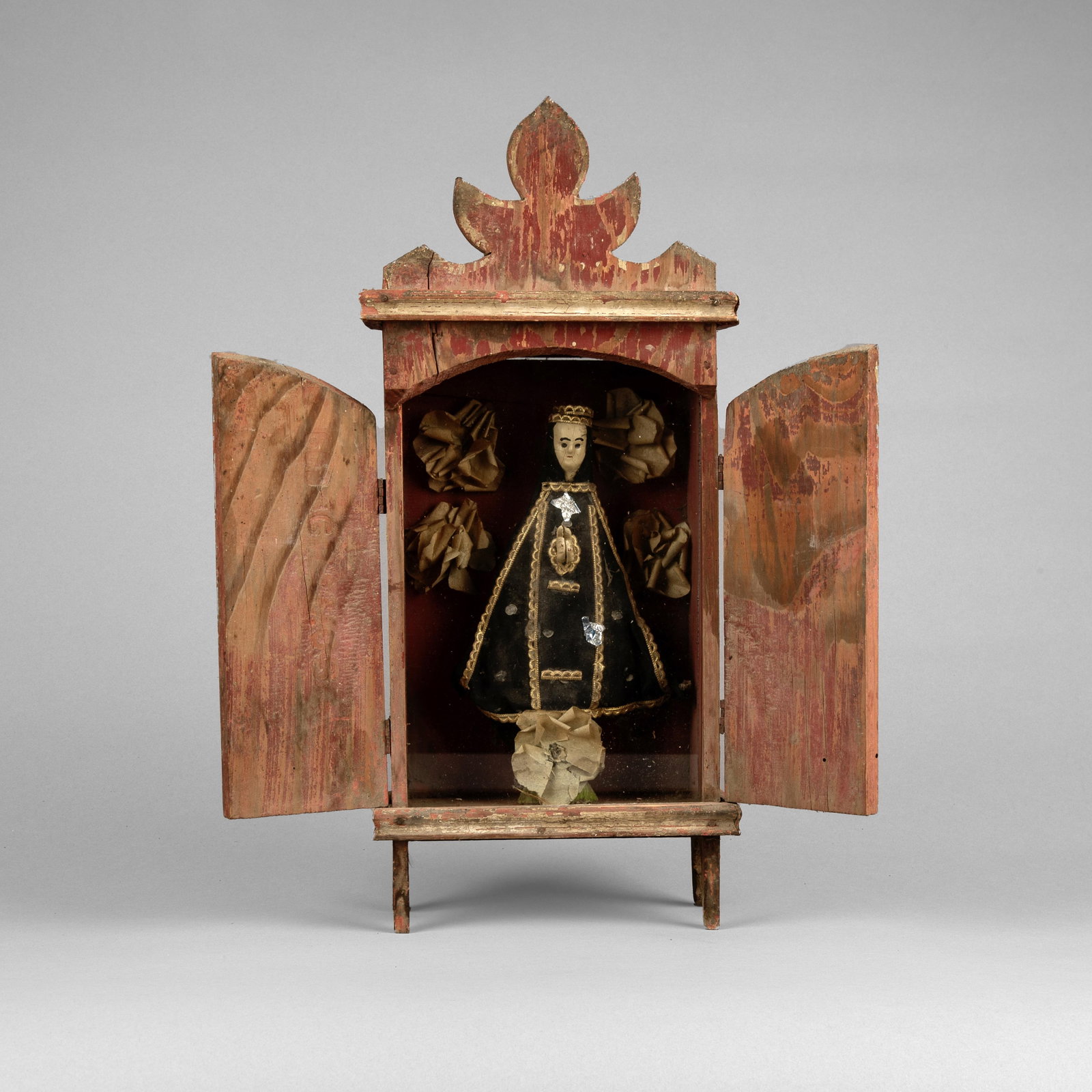 Mexican, Nicho, ca. 19th Century: Mexican Nicho, ca. 19th Century carved and painted wood, glass, mixed media Folk Art 16 3/8 x 7 1/4 x 3 5/8 in. (41.6 x 18.4 x 9.2 cm.) Private Collection, Texas