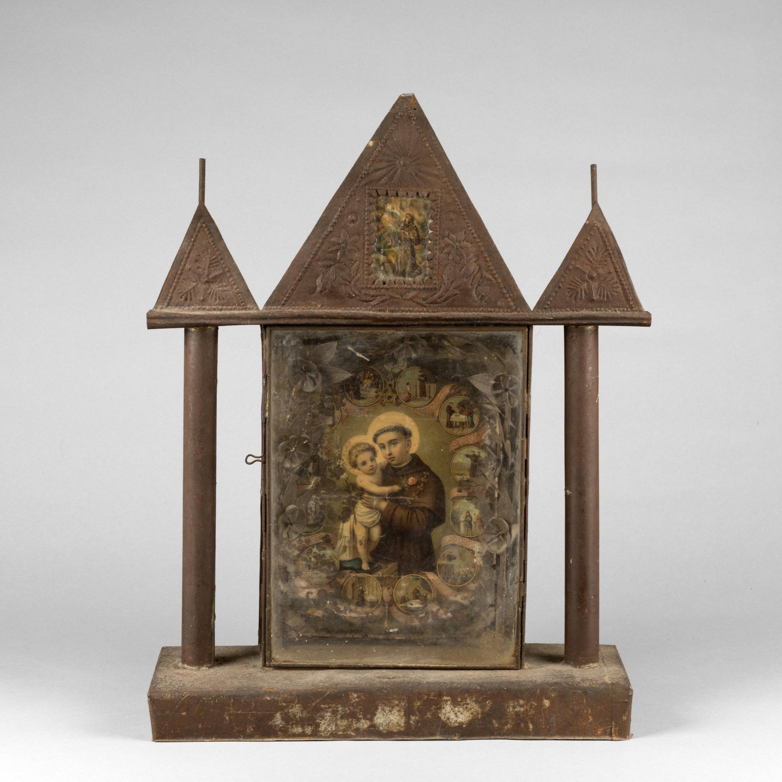 Mexican, San Antonio de Padua Tin Nicho, ca. 19th Century: Mexican San Antonio de Padua Tin Nicho, ca. 19th Century stamped tin, European print, glass 22 x 17 x 5 in. (55.9 x 43.2 x 12.7 cm.), print: 12 x 8 1/2 in. (30.5 x 21.6 cm.) Private Collection, Texas
