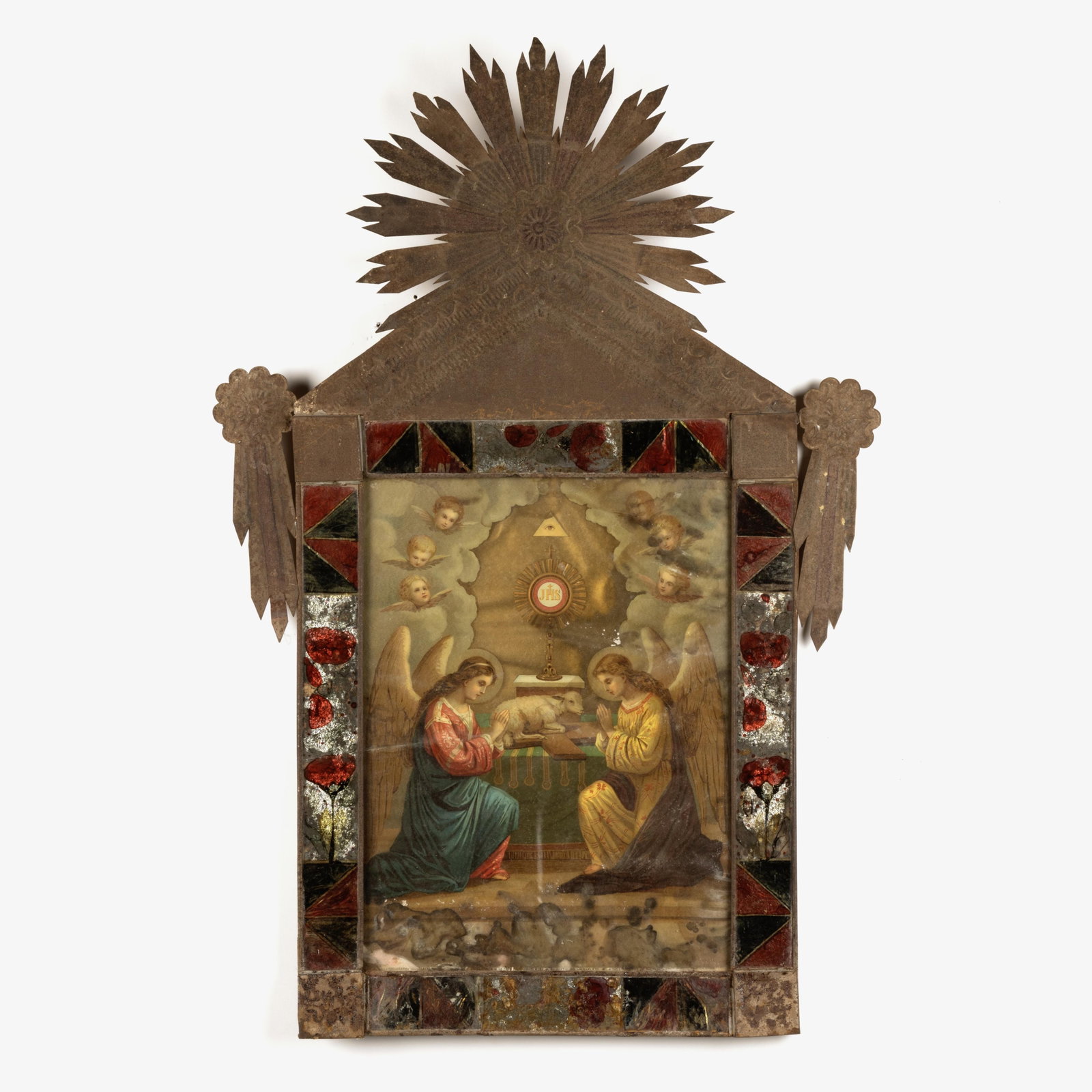 Mexican, Adoration of the Blessed Sacrament Print in Stamped Tin Frame, ca. 19th Century: Mexican Adoration of the Blessed Sacrament Print in Stamped Tin Frame, ca. 19th Century stamped tin, European print 16 1/8 x 12 in. (41 x 30.5 cm.), frame: 32 1/4 x 21 3/4 x 1 1/2 in. (81.9 x 55.2 x 3