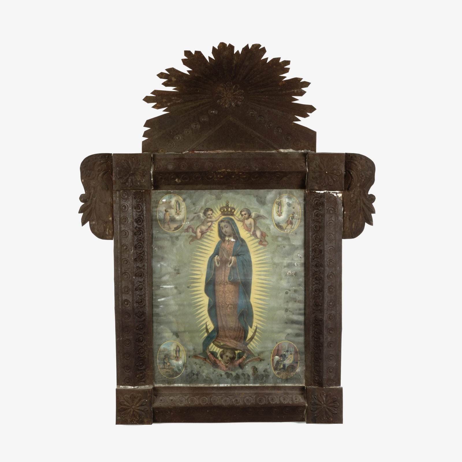 Mexican, Nuestra Señora de Guadalupe Print in Stamped Tin Frame, ca. 19th Century: Mexican Nuestra Señora de Guadalupe Print in Stamped Tin Frame, ca. 19th Century stamped tin, European print 16 1/8 x 12 1/2 in. (41 x 31.8 cm.), frame: 31 x 24 x 3 1/2 in. (78.7 x 61 x 8.9 cm.) Priv