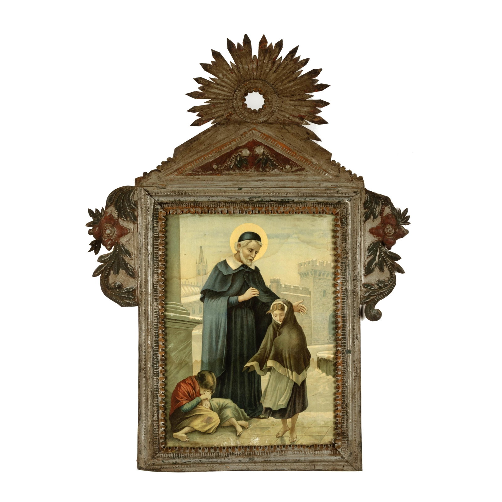 Mexican, Devotional Print in Stamped Tin Frame, ca. 19th Century: Mexican Devotional Print in Stamped Tin Frame, ca. 19th Century stamped tin, European print 16 1/4 x 12 3/8 in. (41.3 x 31.4 cm.), frame: 28 x 22 1/4 x 6 3/8 in. (71.1 x 56.5 x 16.2 cm.) Private Colle
