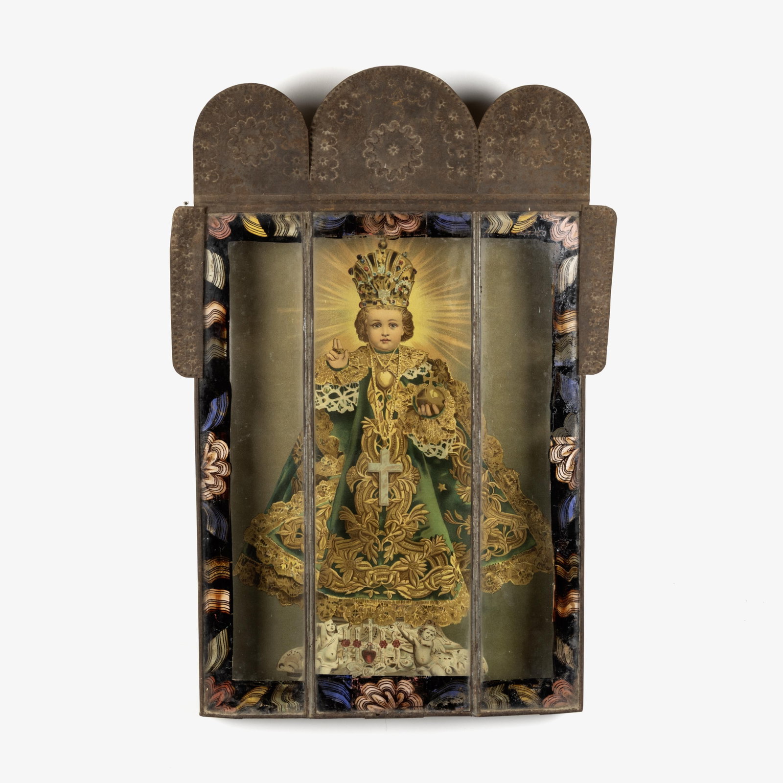 Mexican, Jesus of Prague in Stamped Tin and Reverse Painted Glass Nicho, ca. 19th Century (1 of 2)