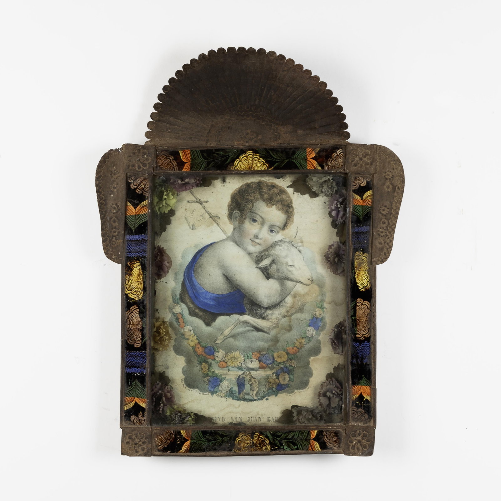 Mexican, Niño San Juan Bautista Print in Stamped Tin and Reverse Painted Glass Frame, ca. 19th (1 of 2)