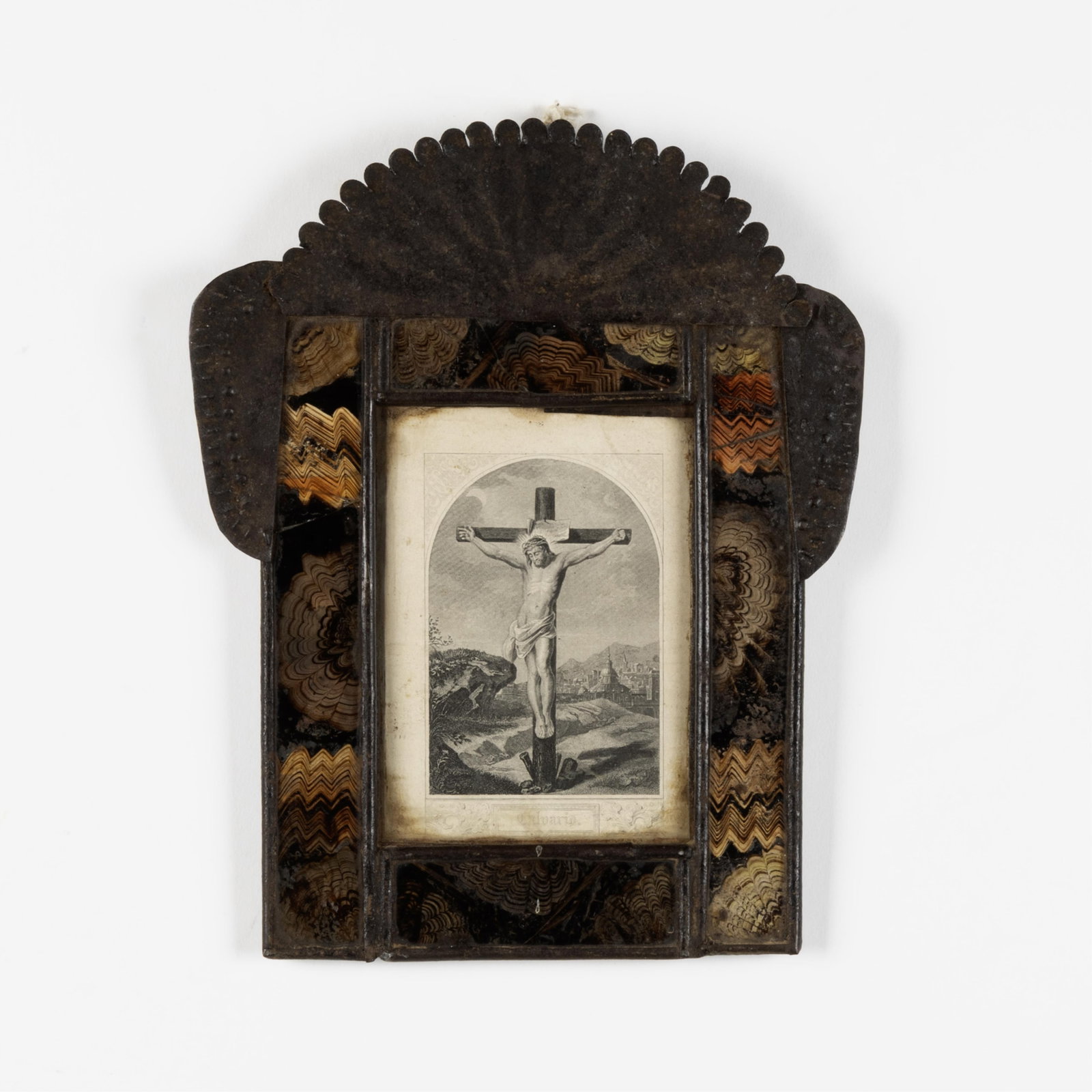 Mexican, Crucifixion Print in Stamped Tin and Reverse Painted Glass Frame, ca. 19th Century (1 of 2)