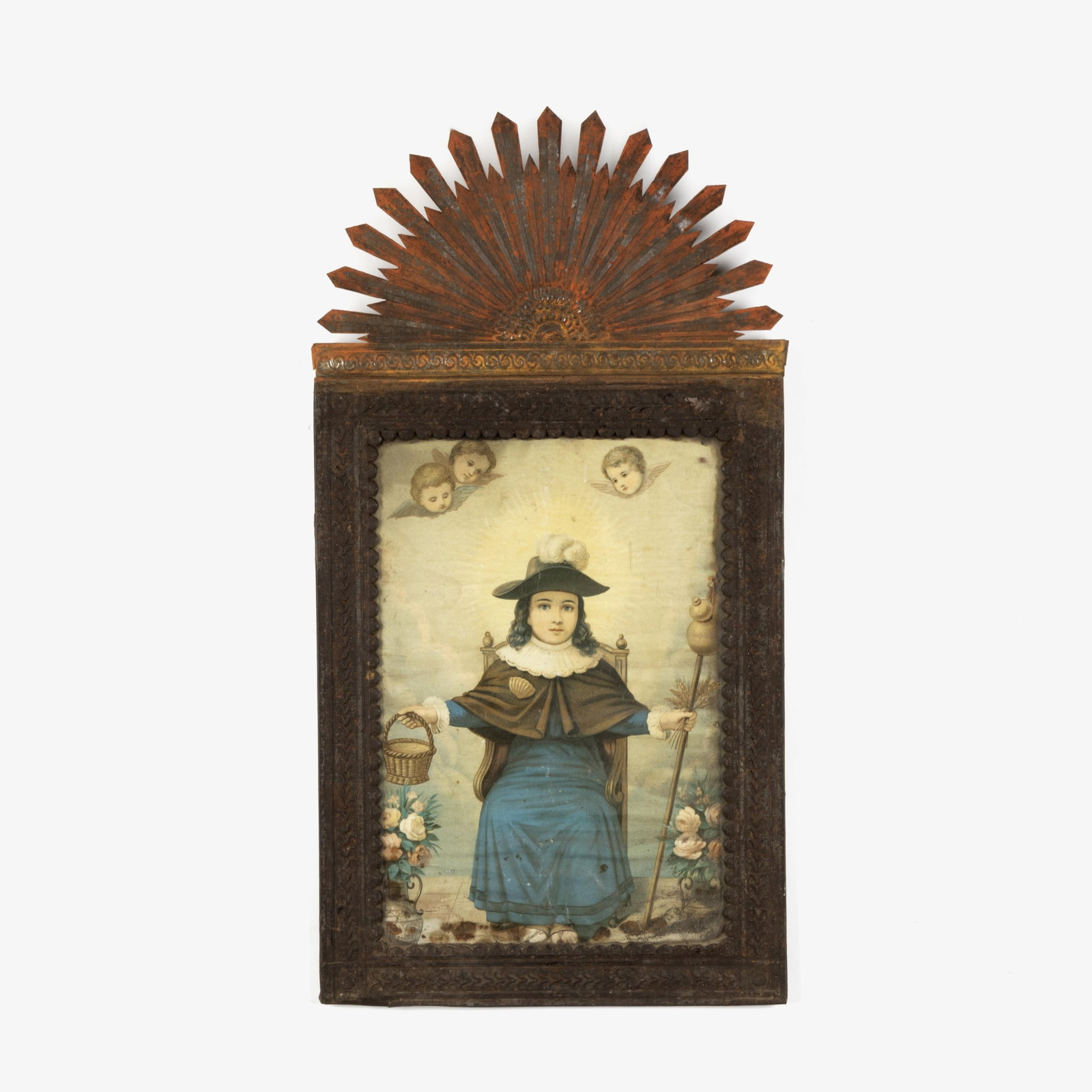 Mexican, Santo Niño de Atocha Print in Stamped Tin Frame, ca. 19th Century: Mexican Santo Niño de Atocha Print in Stamped Tin Frame, ca. 19th Century stamped tin, European print 12 7/8 x 8 3/4 in. (32.7 x 22.2 cm.), frame: 22 3/4 x 11 7/8 x 1 3/8 in. (57.8 x 30.2 x 3.5 cm.) 