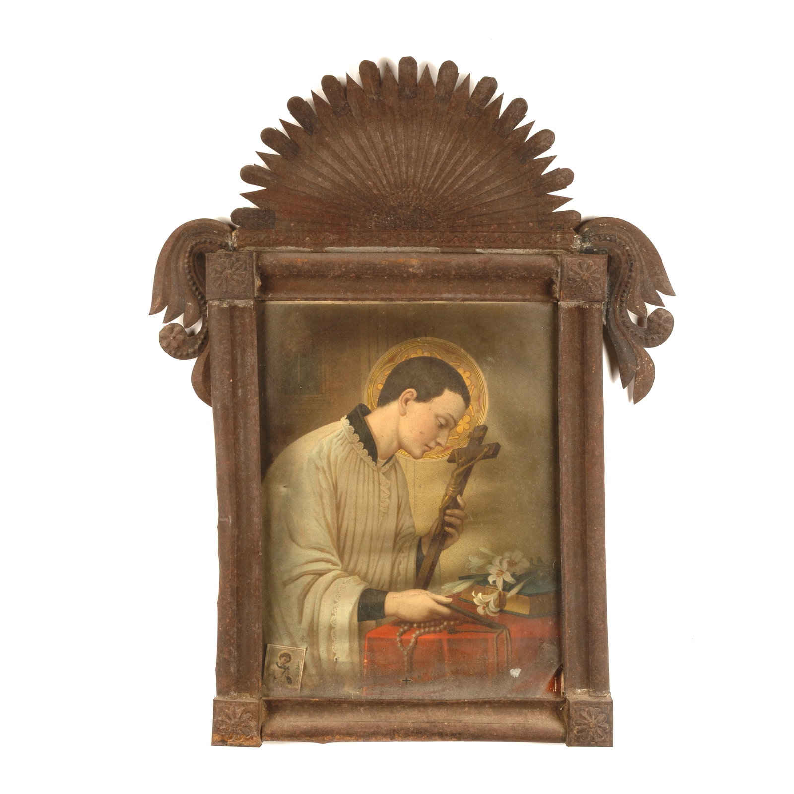 Mexican, Devotional Print in Stamped Tin Frame, ca. 19th Century: Mexican Devotional Print in Stamped Tin Frame, ca. 19th Century stamped tin, European print 16 1/8 x 12 in. (41 x 30.5 cm.), frame: 27 7/8 x 21 3/8 x 1 1/4 in. (70.8 x 54.3 x 3.2 cm.) Private Collecti