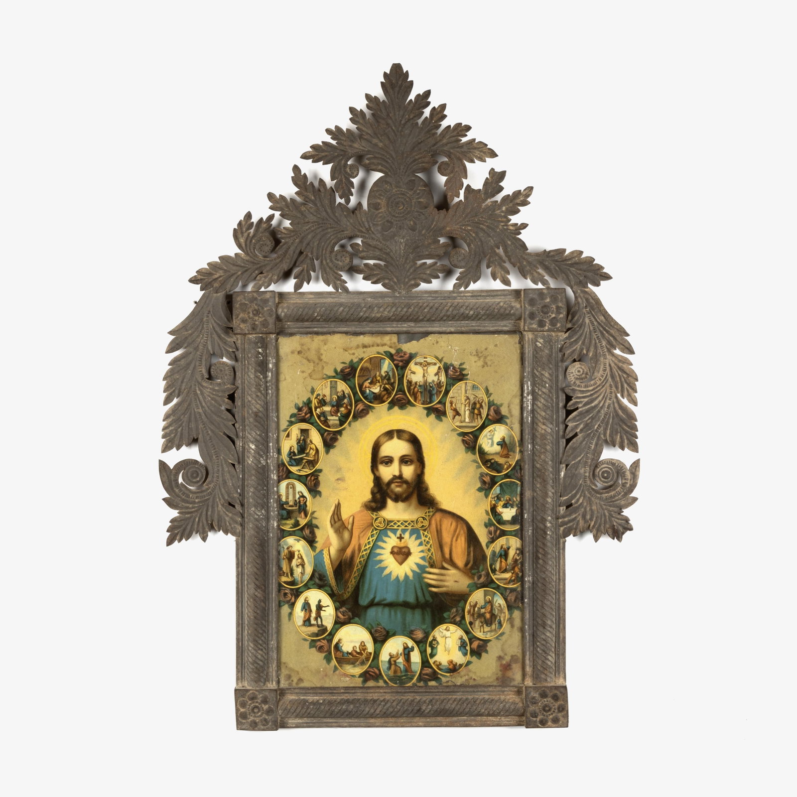 Mexican, Sagrado Corazón de Jesús Print in Stamped Tin Frame, ca. 19th Century (1 of 2)
