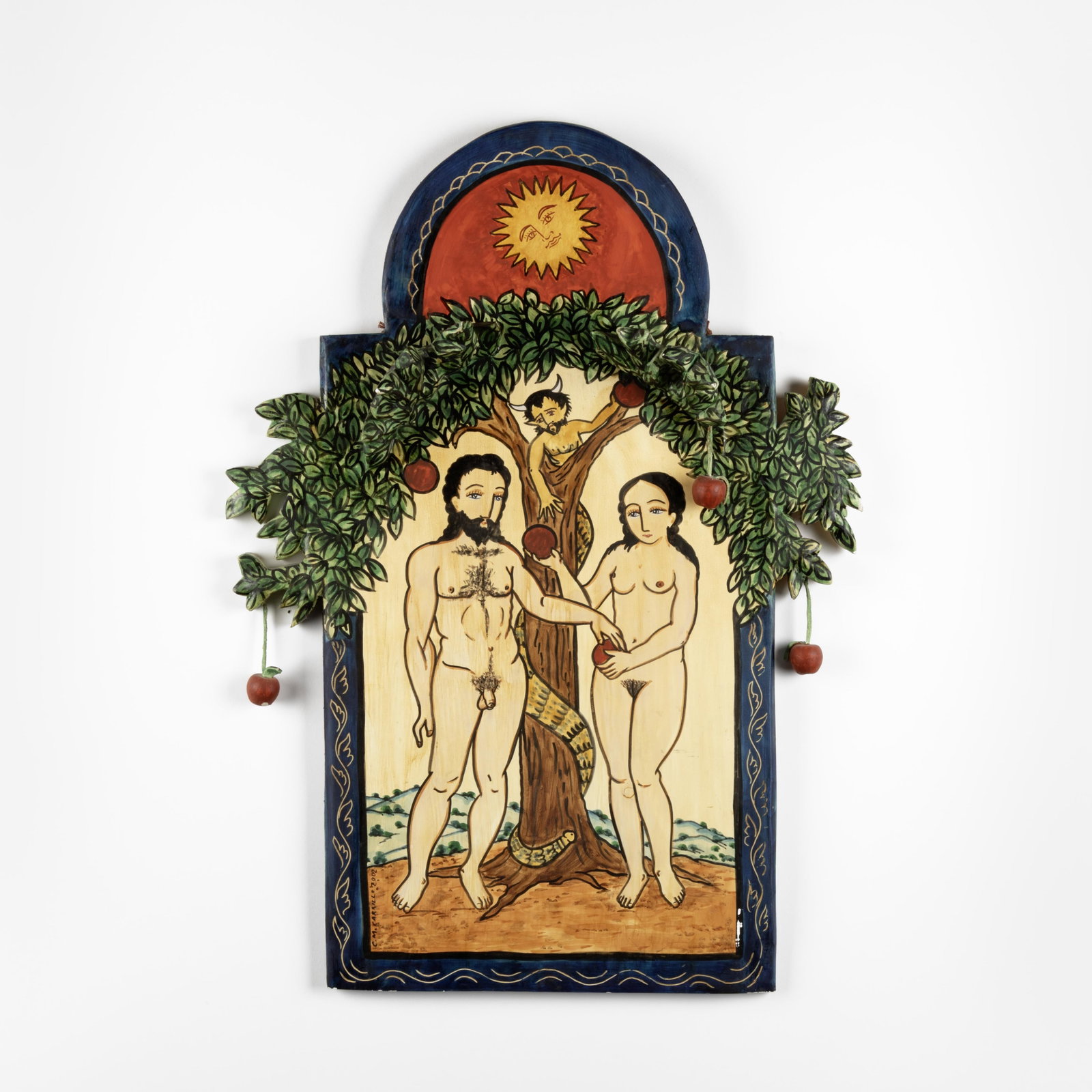 Charles M. Carrillo, Adán y Eva, 2002: Charles M. Carrillo New Mexico, b. 1956 Adán y Eva, 2002 carved and painted wood signed and dated lower left: C. M. CARRILLO 2002 inscribed verso: Adan y Eva / Charles M. Carrillo / March 2002 / Sant