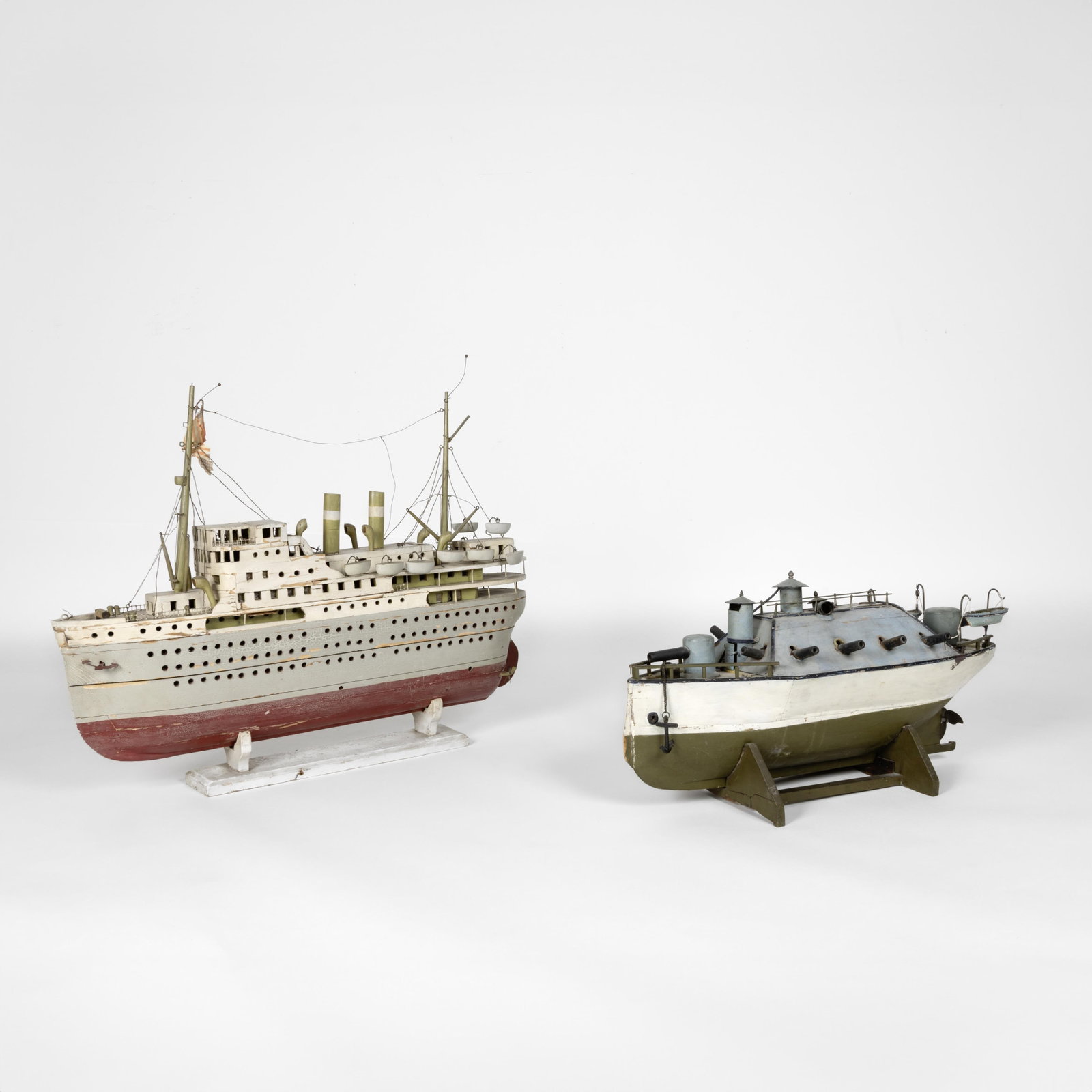 Two Folk Art Boat Works: Oceanliner + Civil War Battleship (1 of 4)