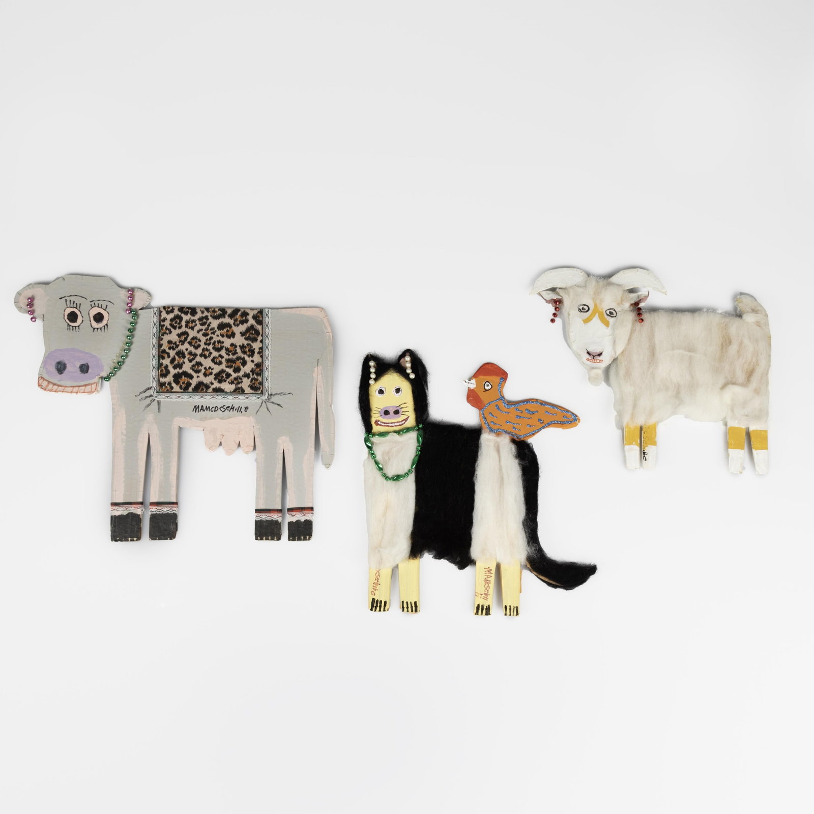 Mamie Deschillie, Group of Three Farm Animals: Mamie Deschillie Diné (Navajo), 1920 - 2010 Group of Three Farm Animals acrylic, wool, fabric, sequins, beads, fabric on cardboard each inscribed: MAMIDeScHilLe Folk Art cat: 15 3/8 x 13 in. (39.1 x 
