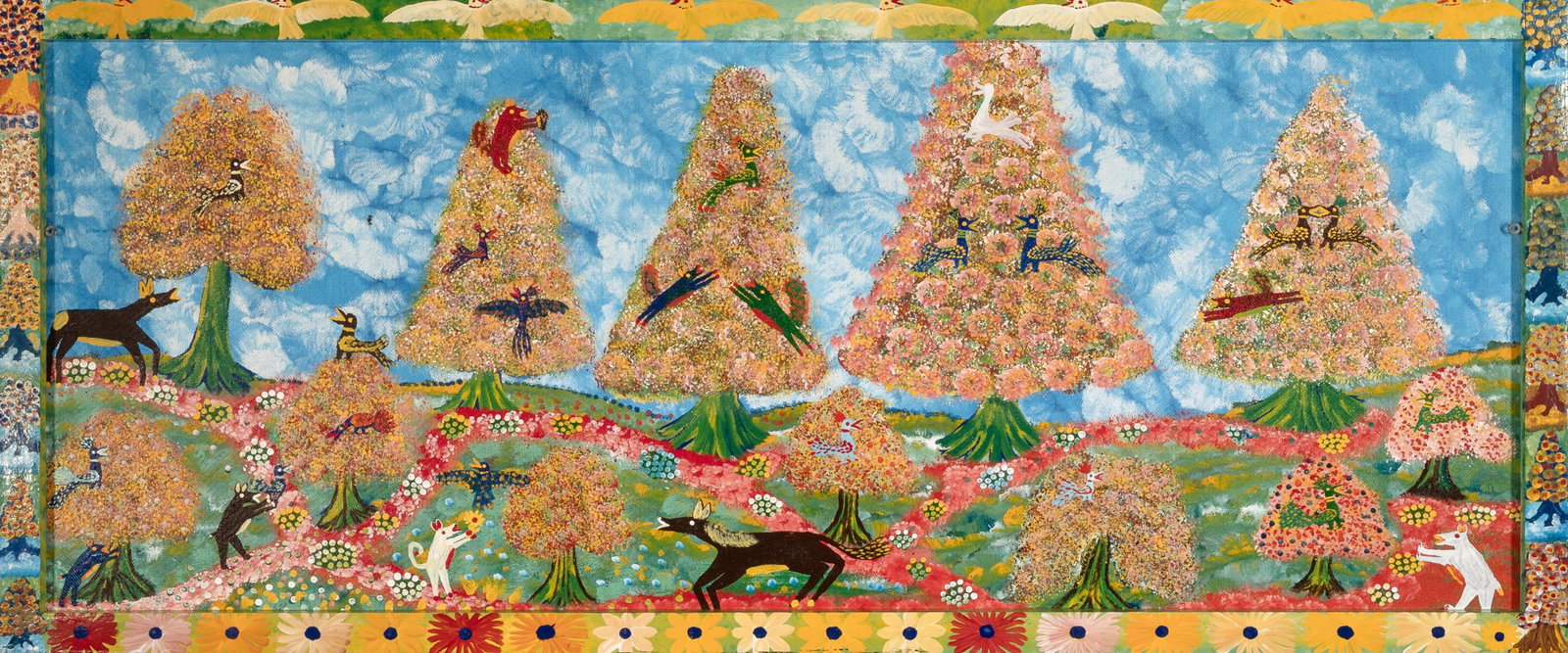 Erich Grams, Untitled (Double-sided Landscape): Erich Grams German, 1924 - 1998 Untitled (Double-sided Landscape) oil, synthetic resin paint on hard fiber initialed lower right: EG Folk Art 29 1/2 x 59 3/4 x 7/8 in. (74.9 x 151.8 x 2.2 cm.)