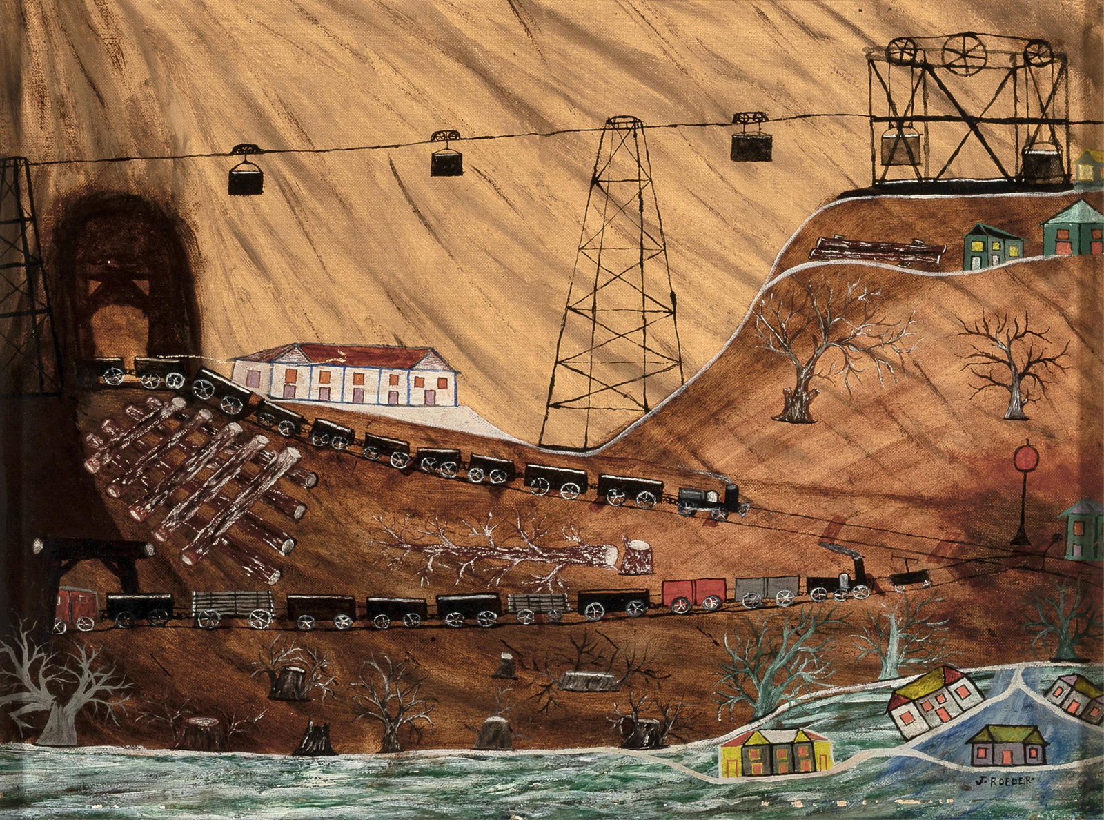 John Roeder, Untitled (Coal Mine in Lorraine): John Roeder 1877 - 1964 Untitled (Coal Mine in Lorraine) oil on canvas signed lower right: J. ROEDER- Folk Art 14 1/4 x 19 3/8 in. (36.2 x 49.2 cm.), frame: 18 1/2 x 23 1/2 x 1 1/4 in. (47 x 59.7 x 3.