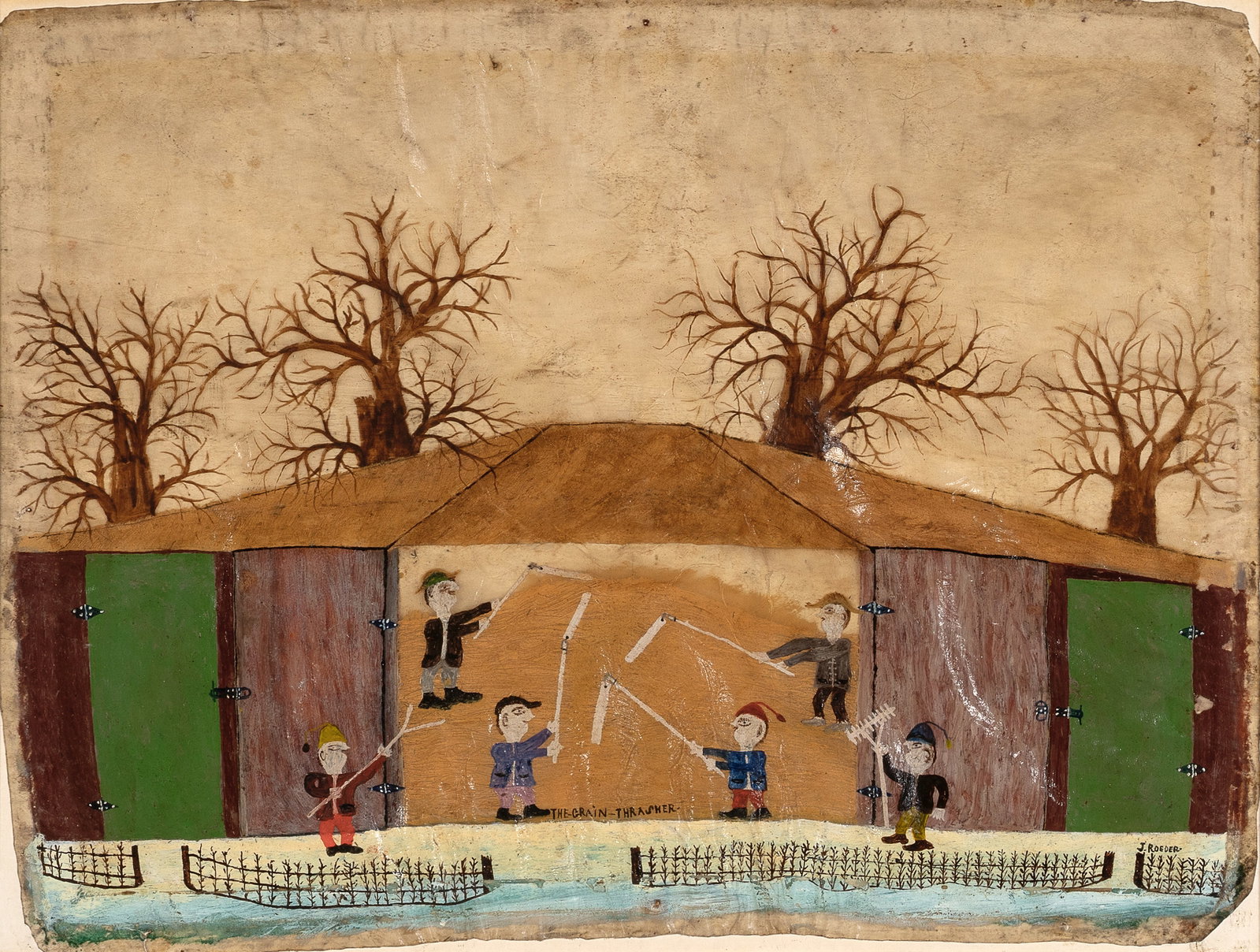 John Roeder, The Grain Thrasher: John Roeder 1877 - 1964 The Grain Thrasher oil on parchment titled lower center: THE-GRAiN-THRASHER- signed lower right: J. ROEDER- Folk Art 15 1/4 x 20 1/8 in. (38.7 x 51.1 cm.), frame: 17 x 22 x 1 i