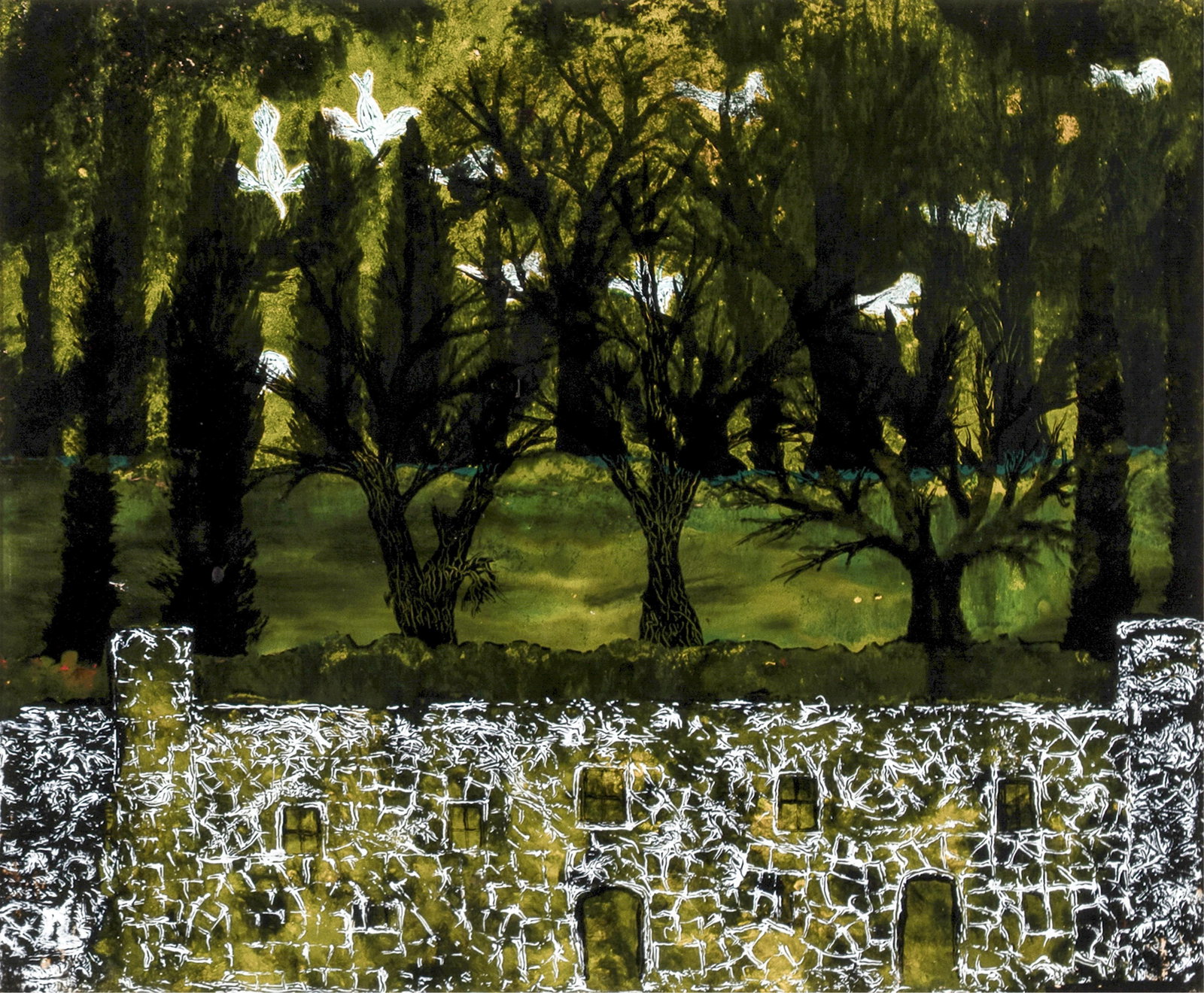John Roeder, Trees: John Roeder 1877 - 1964 Trees reverse painted oil on glass inscribed verso: Property of- / John J. Roeder Folk Art 9 1/4 x 11 3/8 in. (23.5 x 28.9 cm.), frame: 12 1/8 x 14 1/8 in. (30.8 x 35.9 cm.)