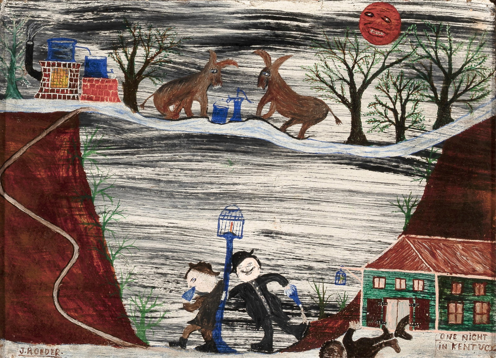 John Roeder, One Night in Kentucky: John Roeder 1877 - 1964 One Night in Kentucky oil on board signed lower left: J. ROEDER- titled lower right: ONE NiGHT / iN KENTUCK[ ] Folk Art 10 1/8 x 14 3/4 in. (25.7 x 37.5 cm.), frame: 17 1/4 x 1