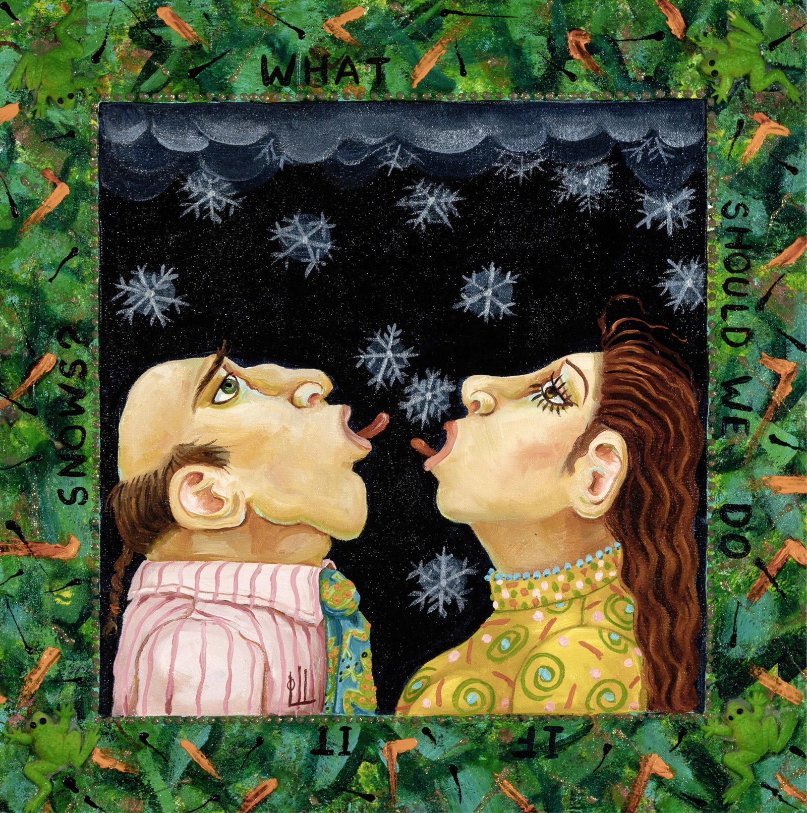 Lynne Loshbaugh, The Snow Eaters, 1992: Lynne Loshbaugh 20th/21st Century The Snow Eaters, 1992 oil on canvas inscribed verso: LOSHBAUGH / © 1992 / The SNOW EATERS 16 x 16 in. (40.6 x 40.6 cm.), frame: 17 1/4 x 17 1/4 x 2 in. (43.8 x 43.8