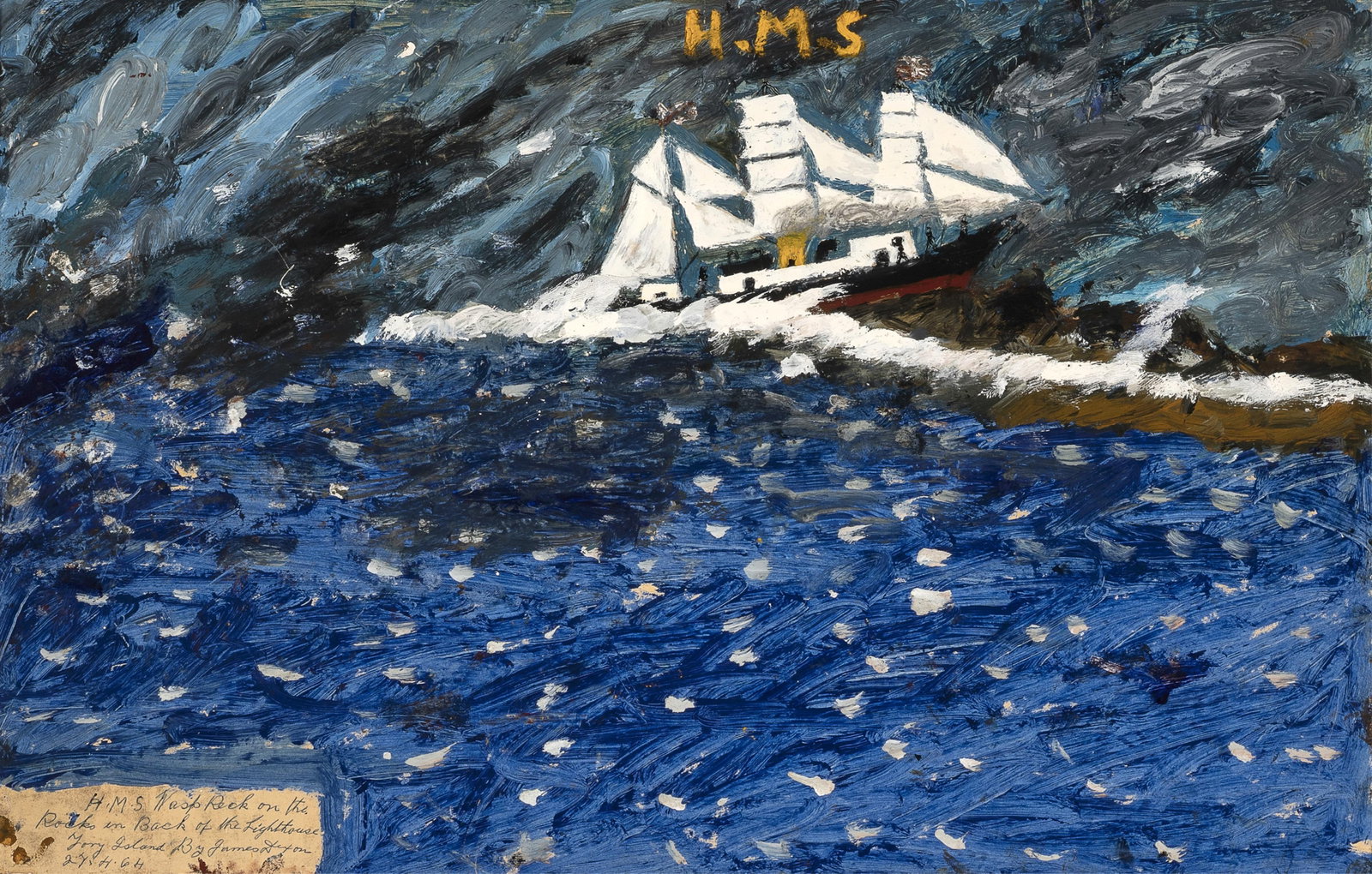 James Dixon, H.M.S. Wasp Rock, 1964: James Dixon Irish, 1887 - 1970 H.M.S. Wasp Rock, 1964 oil on panel inscribed, signed, and dated lower left: H.M.S. Wasp Rock on the / Rocks in Back of the Lighthouse / Tory Island By James Dixon / 24-