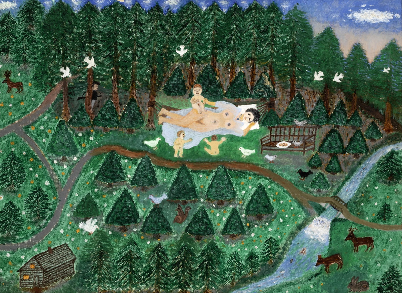 Gustave Klumpp, Nude Sunning in the Forest: Gustave Klumpp 1902 - 1974 Nude Sunning in the Forest oil on panel Folk Art 13 3/8 x 18 3/8 in. (34 x 46.7 cm.), frame: 18 1/2 x 23 1/2 x 1 1/4 in. (47 x 59.7 x 3.2 cm.) Private Collection, Ohio