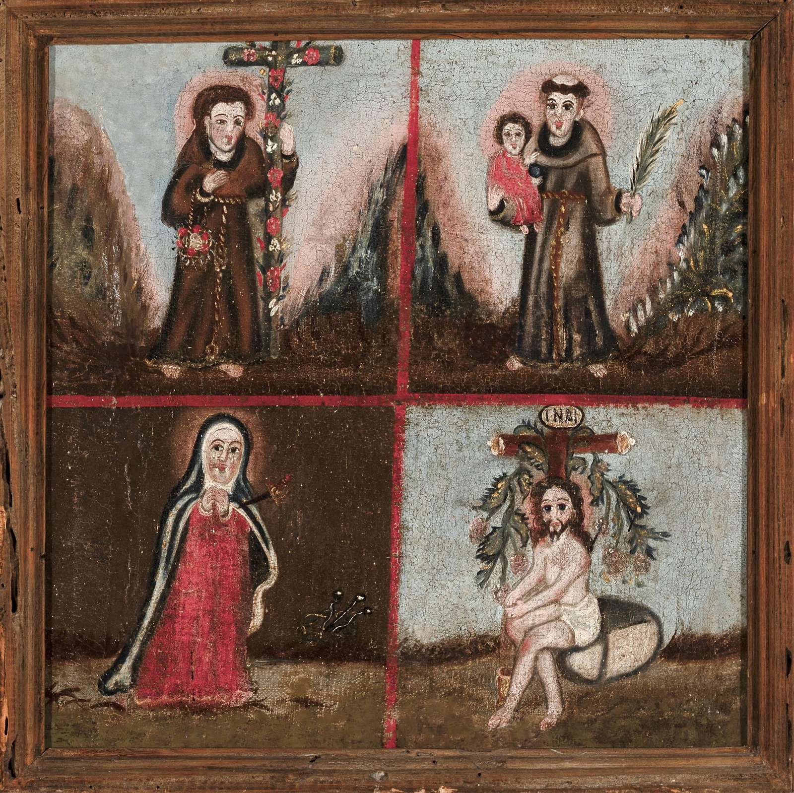 Unknown Artist, Untitled (Four Devotional Figures): Unknown Artist Untitled (Four Devotional Figures) oil on panel Folk Art 16 7/8 x 17 1/8 in. (42.9 x 43.5 cm.), frame: 19 1/2 x 19 3/4 x 1 1/2 in. (49.5 x 50.2 x 3.8 cm.) Private Collection, Ohio