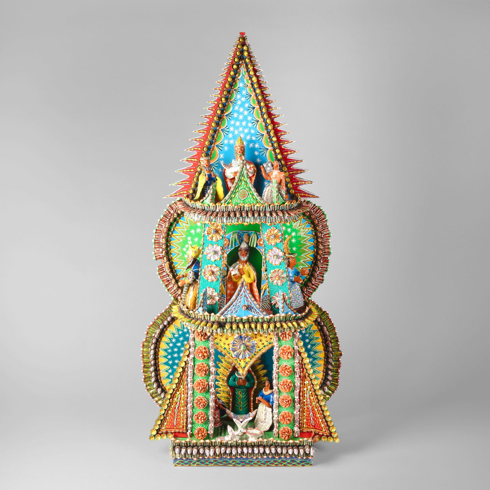 Delfino Victor Sánchez, Acorn Altar: Delfino Victor Sánchez Mexican, 20th/21st Century Acorn Altar carved and painted wood, painted acorns, painted pinecones inscribed: DELFINO VITor San / CHez / OCUMiCHO Folk Art 44 x 23 x 10 in. (111.