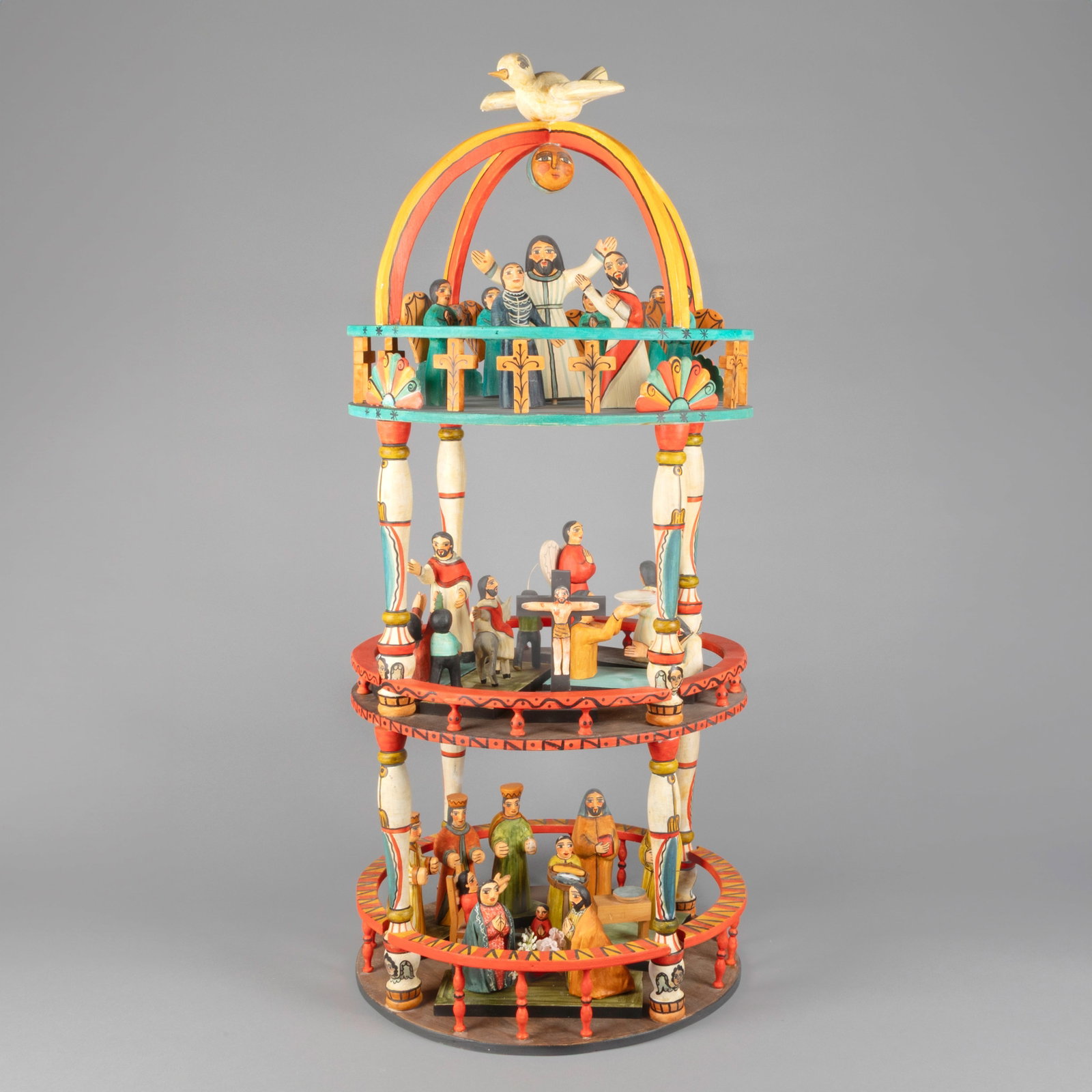 Marie Romero Cash, Untitled (Life of Christ): Marie Romero Cash New Mexico, b. 1942 Untitled (Life of Christ) carved and painted wood featuring a three-tiered scene with 20 individual figurines Folk Art 39 3/4 x 17 x 17 in. (101 x 43.2 x 43.2