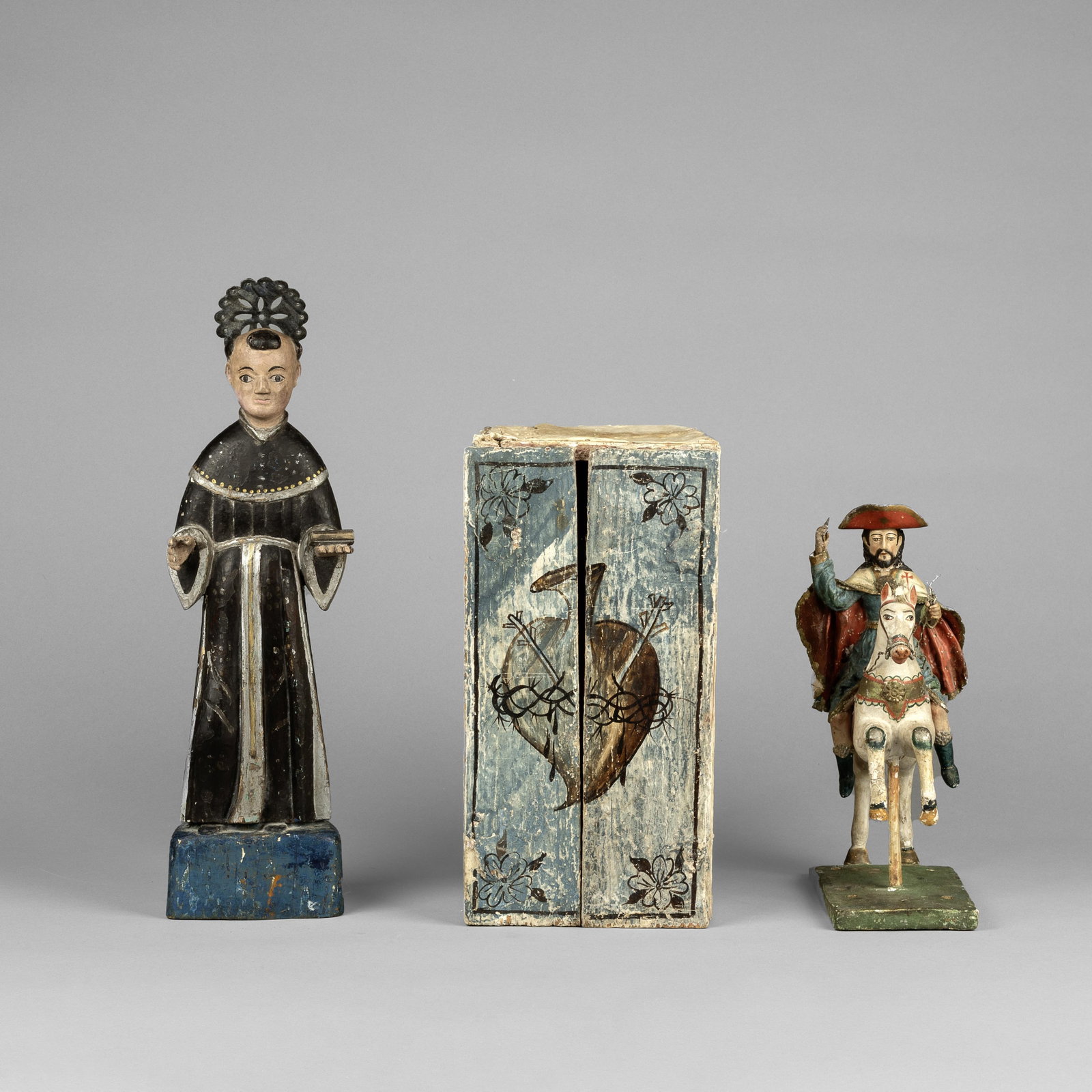Peruvian + Mexican, Group of Three Devotional Works: Two Santos + Reliquary Box, ca. 1920 (1 of 5)
