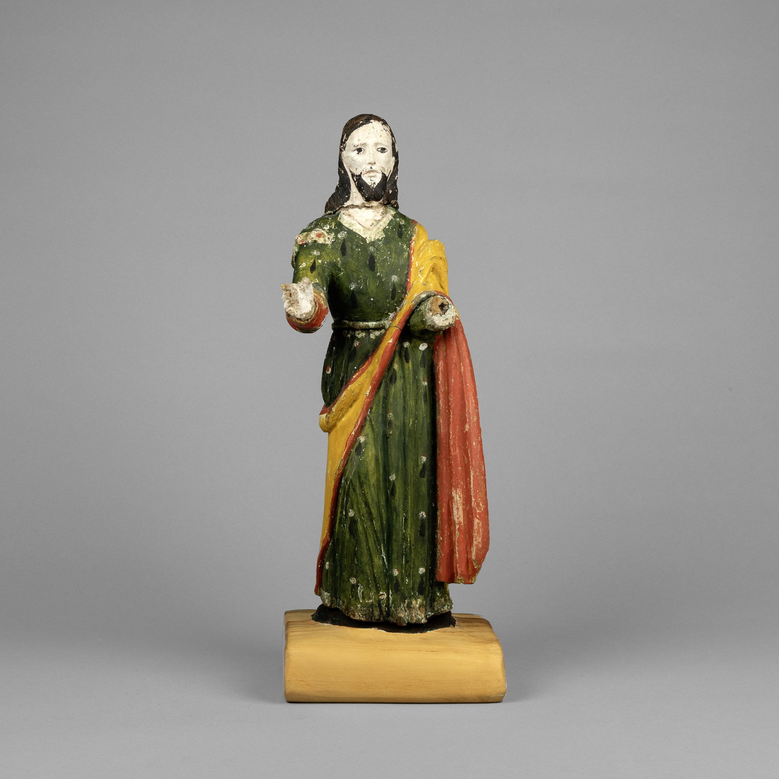 Fray Andrés García, San José, ca. 18th Century: Fray Andrés García New Mexico, 1720 - 1799 San José, ca. 18th Century carved and painted wood Folk Art 16 1/2 x 5 x 8 in. (41.9 x 12.7 x 20.3 cm.), with base: 18 3/4 x 5 x 8 in. (47.6 x 12.7 x 20.3