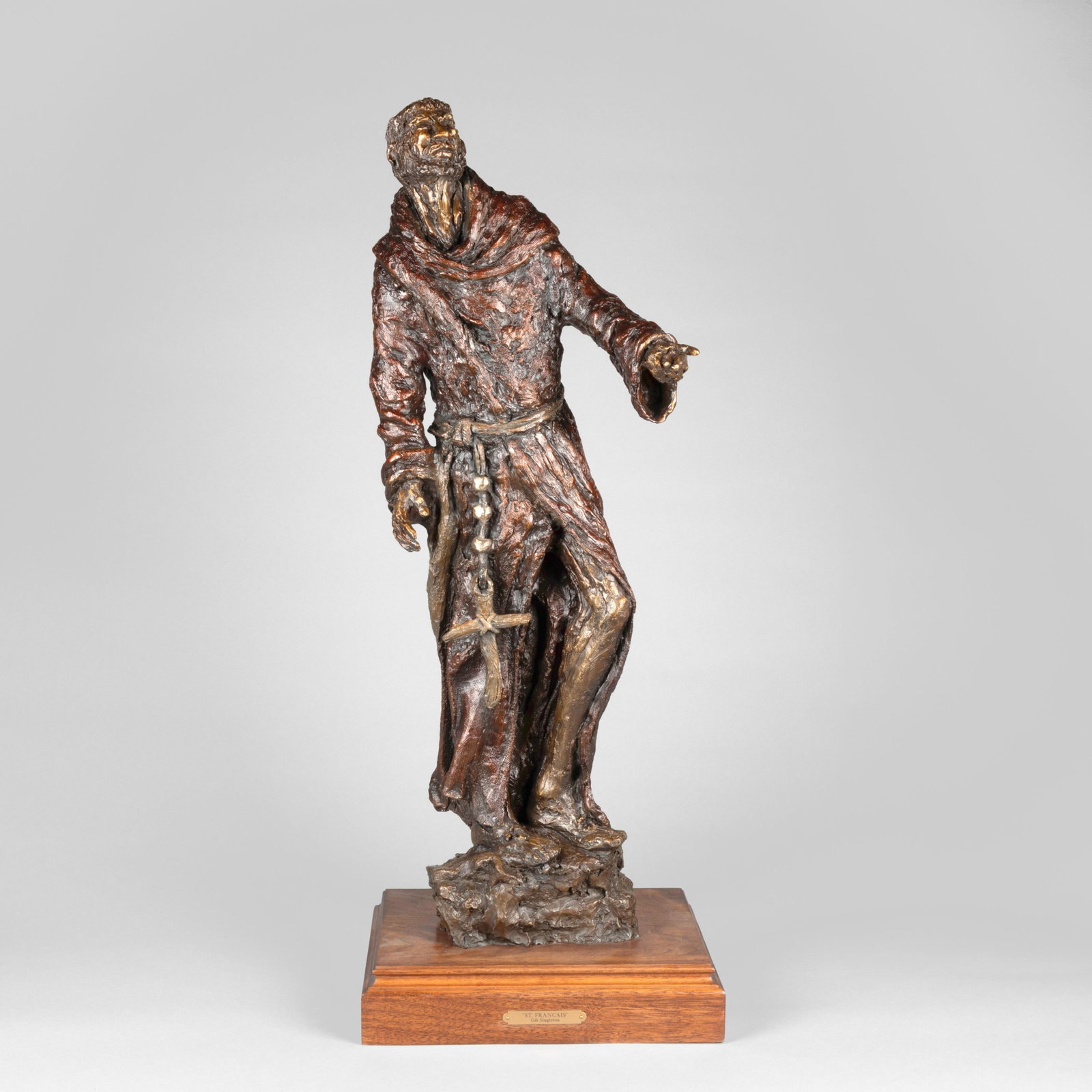 Gib Singleton, St. Francis, 2010: Gib Singleton 1936 - 2014 St. Francis, 2010 bronze, edition 13 of 45 inscribed: 13/45 / SiNgletoN 30 1/4 x 11 1/2 x 9 in. (76.8 x 29.2 x 22.9 cm.), with base: 34 1/2 x 13 x 11 1/4 in. (87.6 x 33 x