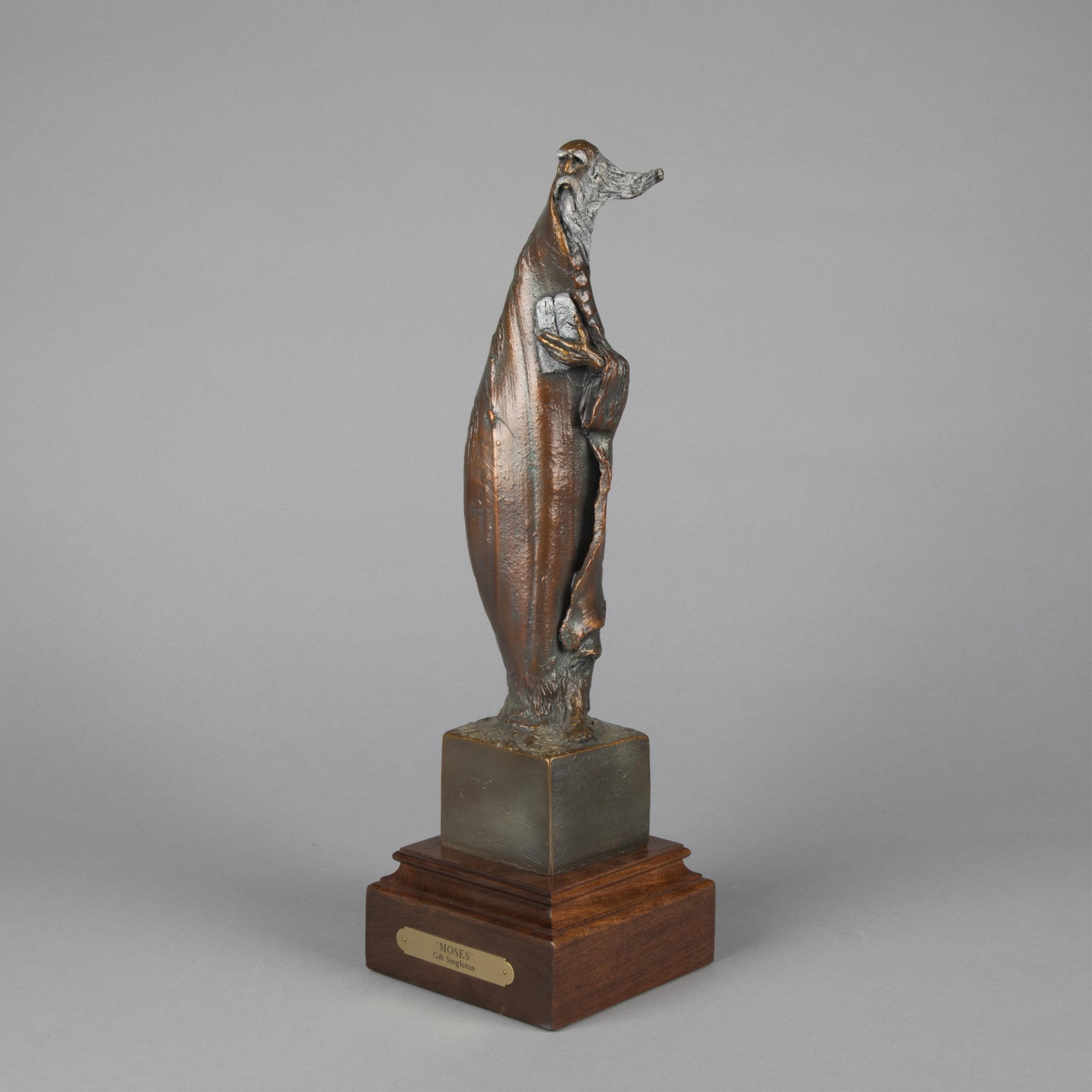 Gib Singleton, Moses: Gib Singleton 1936 - 2014 Moses bronze, edition 13 of 39 inscribed: SiNgleton / 13/39 15 1/2 x 4 x 3 1/4 in. (39.4 x 10.2 x 8.3 cm.), with base: 18 1/2 x 5 5/8 x 5 5/8 in. (47 x 14.3 x 14.3 cm.)