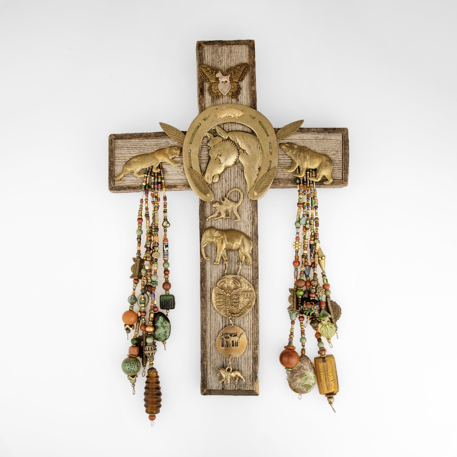 Nance Lopez, Animal Friends Cross: Nance Lopez New Mexico, 20th Century Animal Friends Cross wood, brass, glass beads Folk Art 12 1/4 x 8 x 3/4 in. (31.1 x 20.3 x 1.9 cm.) Private Collection, New Mexico