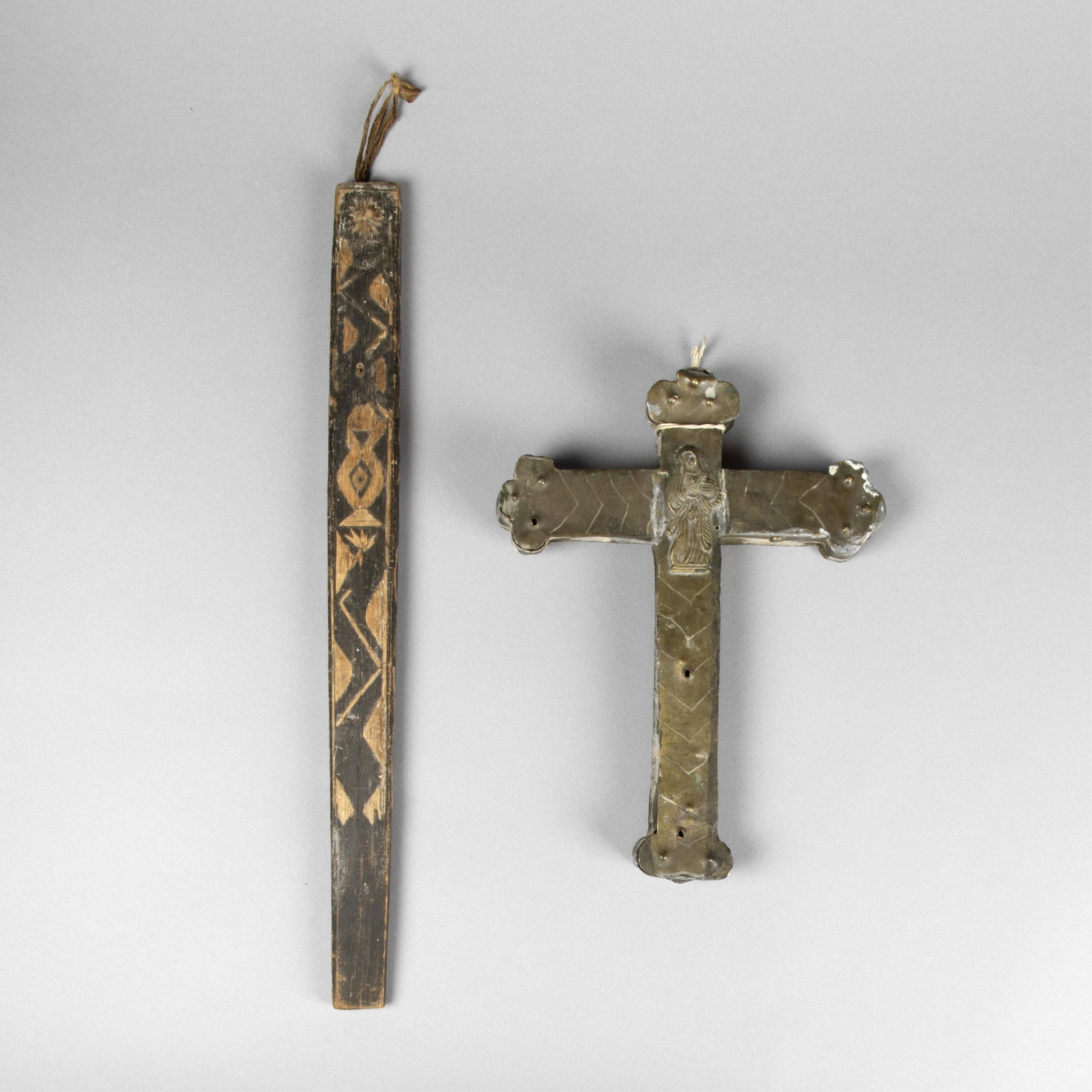Mexico/Spain + New Mexico, Penitente Cross, ca. 18th Century + Straw Appliqué Staff, ca. 1850: Mexico/Spain + New Mexico Penitente Cross, ca. 18th Century + Straw Appliqué Staff, ca. 1850 carved wood, brass, straw appliqué Featuring a processional brass cross which was once supported by the w