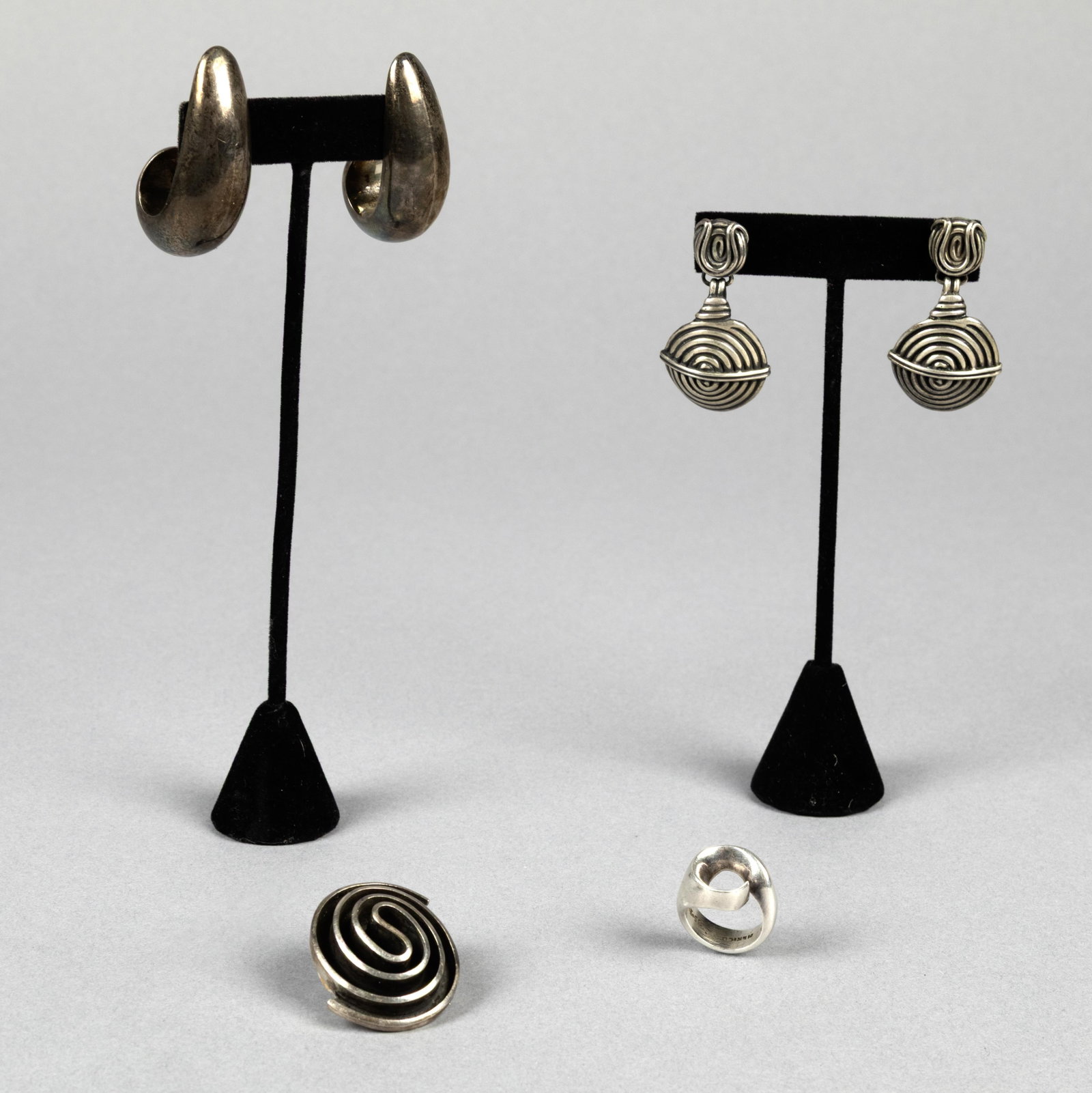 Mexican, Group of Four Silver Jewelry Works: Two Pairs of Earrings + One Pin + One Ring (1 of 10)