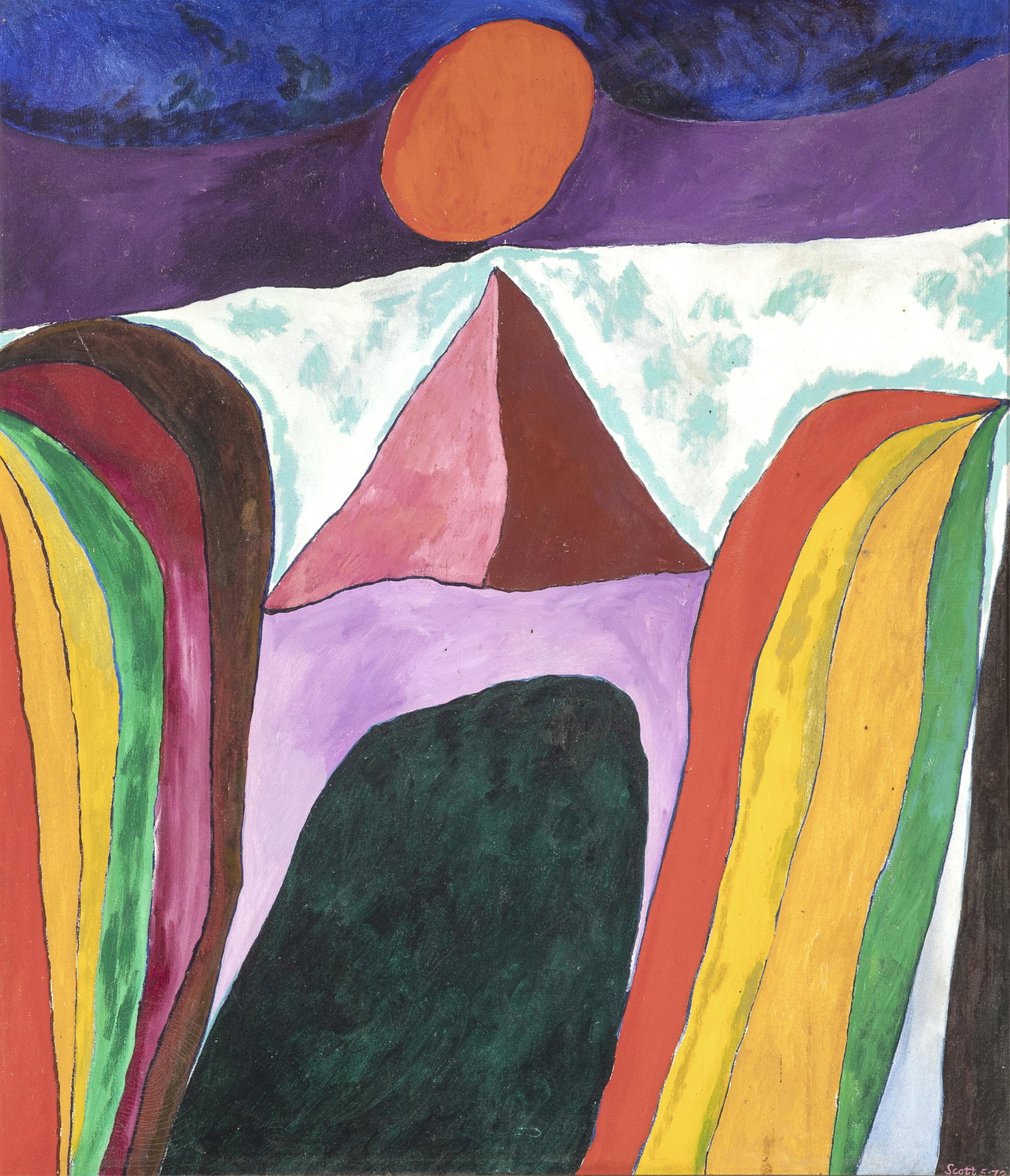 Sam Scott, Untitled (Sun over Rainbow Canyon), 1972: Sam Scott b. 1940 Untitled (Sun over Rainbow Canyon), 1972 oil on canvas signed and dated lower right: Scott 5-72 46 x 39 3/4 in. (116.8 x 101 cm.), frame: 47 x 40 1/2 x 2 in. (119.4 x 102.9 x 5.1
