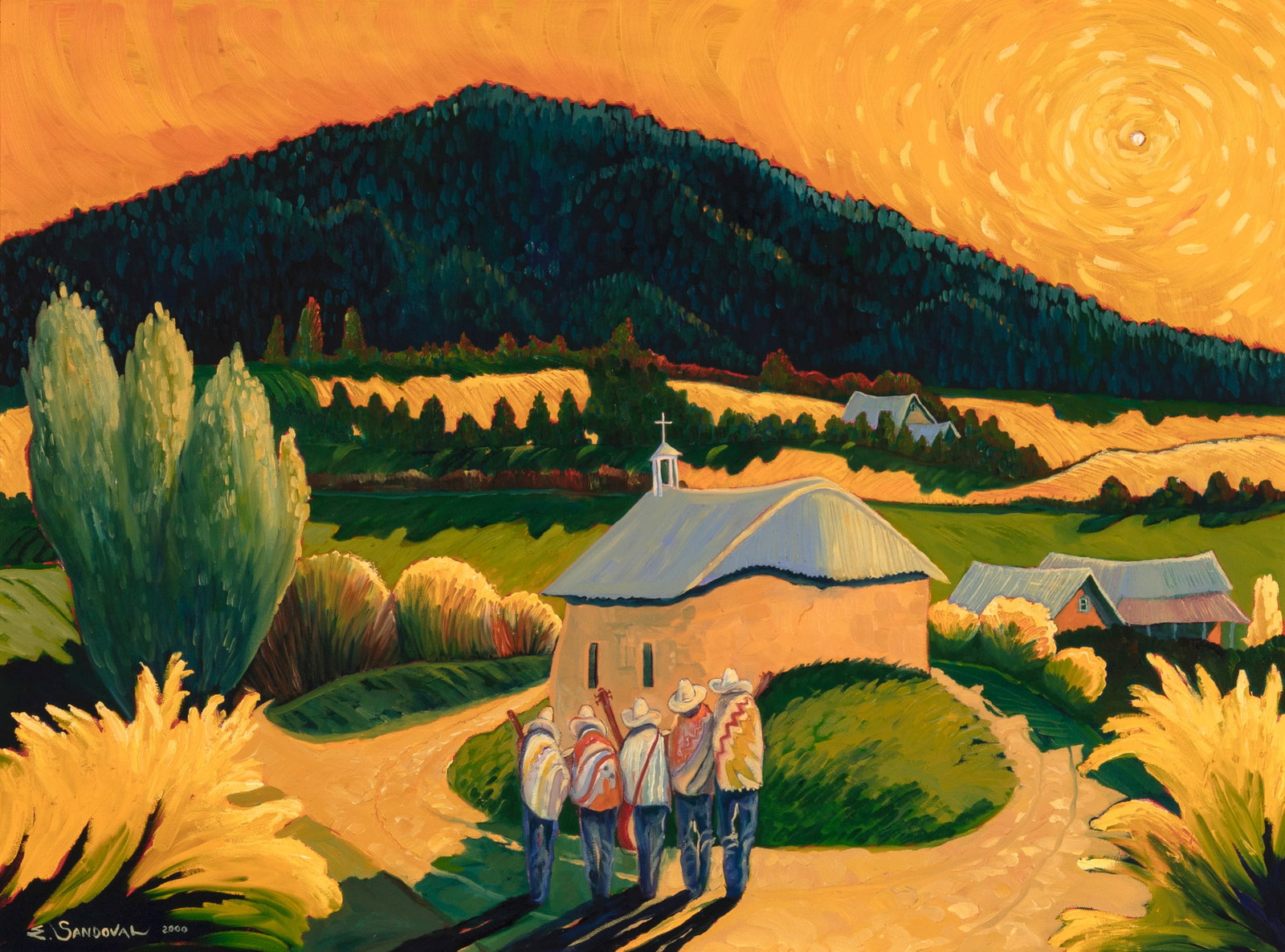 Ed Sandoval, Untitled (Musicians at Sunset), 2000: Ed Sandoval New Mexico, b. 1945 Untitled (Musicians at Sunset), 2000 oil on canvas signed and dated lower left: E. SANDOVAL 2000 24 x 32 in. (61 x 81.3 cm.), frame: 30 x 38 x 1 in. (76.2 x 96.5 x 2.5