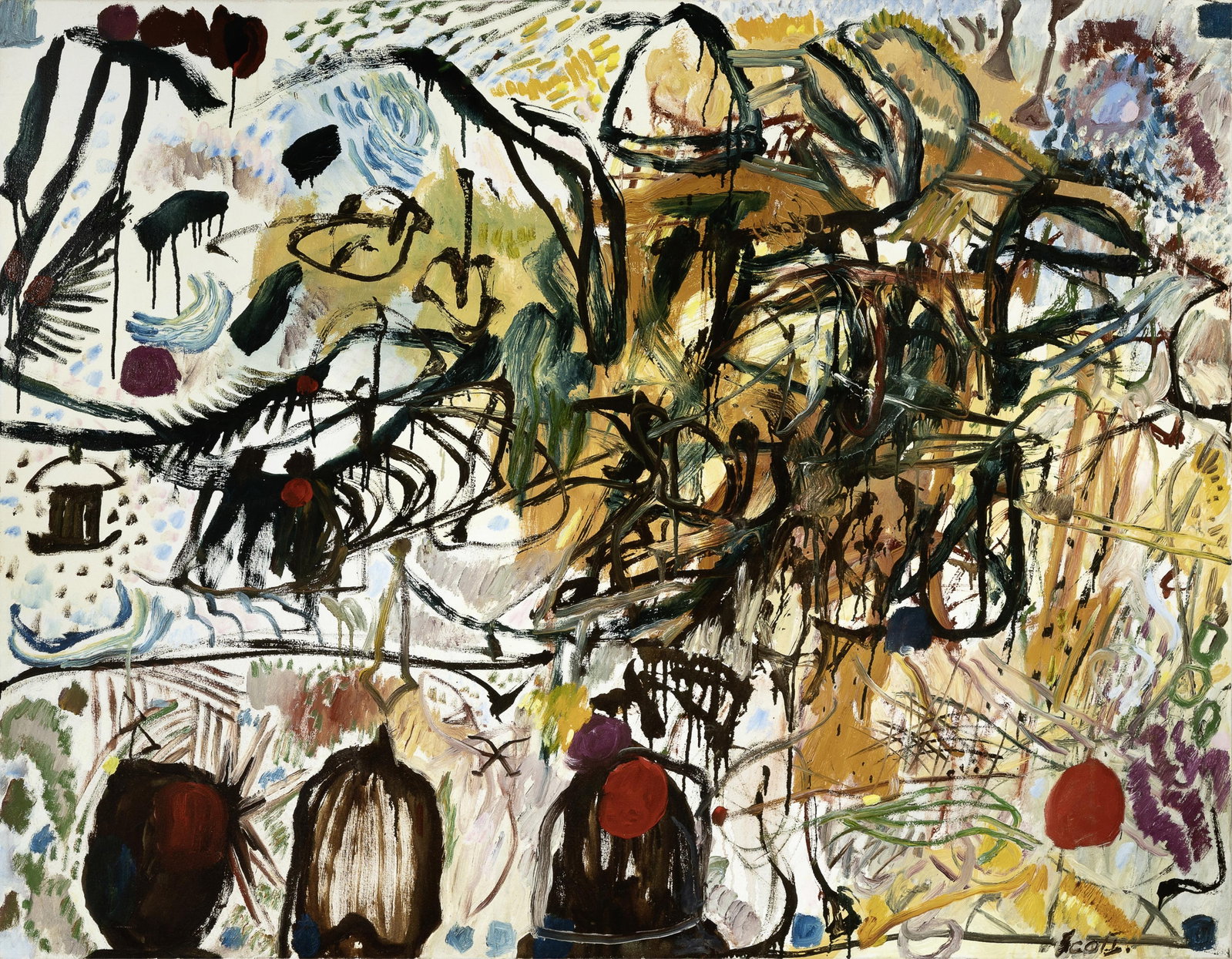 Sam Scott, Untitled (Abstract Garden with Red Orbs): Sam Scott b. 1940 Untitled (Abstract Garden with Red Orbs) oil on canvas signed lower right: ScoTT. 42 x 53 3/4 in. (106.7 x 136.5 cm.) Private Collection, New Mexico