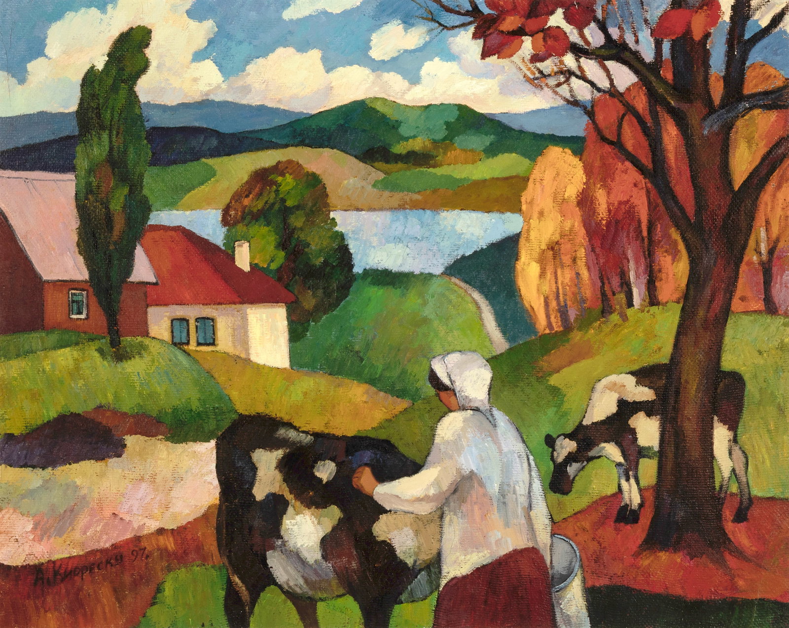 Andrei Kiroesku, Milking Cows, 1997: Andrei Kiroesku Russian, b. 1964 Milking Cows, 1997 oil on canvas signed and dated lower left: A KNOPECKY 97. inscribed verso: AHAPEN KNOPECKY [phonetic spelling] 30 1/2 x 38 1/2 in. (77.5 x 97.8