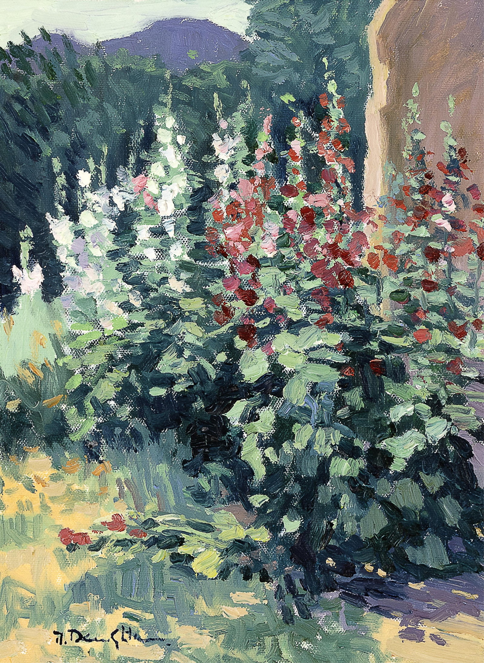Robert A. Daughters, Untitled (Adobe and Hollyhocks): Robert A. Daughters 1929 - 2013 Untitled (Adobe and Hollyhocks) oil on canvas signed lower left: R. Daughters. 12 x 9 in. (30.5 x 22.9 cm.), frame: 18 1/2 x 15 1/2 x 3 in. (47 x 39.4 x 7.6 cm.) Trail
