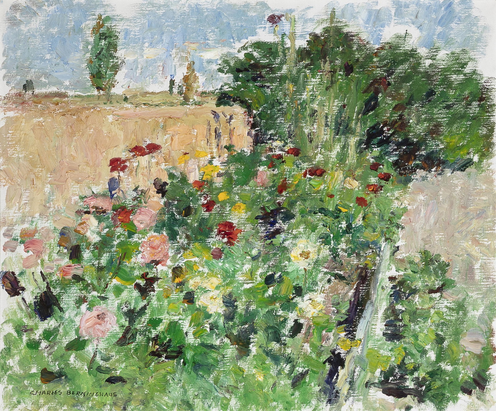 Charles Berninghaus, Hollyhocks: Charles Berninghaus 1905 - 1988 Hollyhocks oil on canvas signed lower left: CHARLES BERNINGHAUS 19 1/2 x 23 1/2 in. (49.5 x 59.7 cm.), frame: 27 x 31 x 2 in. (68.6 x 78.7 x 5.1 cm.) The Hayden Hays G
