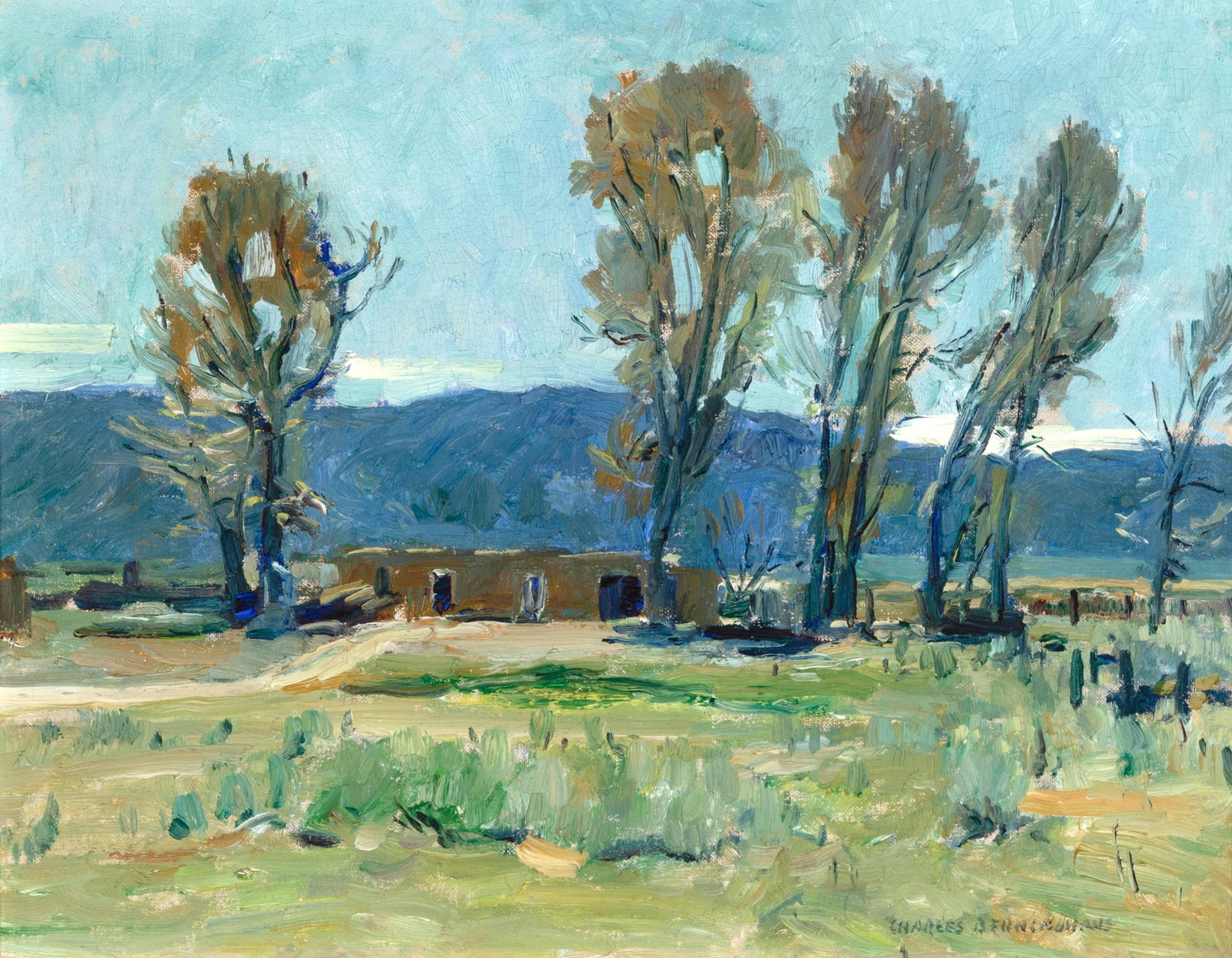 Charles Berninghaus, La Casita: Charles Berninghaus 1905 - 1988 La Casita oil on board signed lower right: CHARLES BERNINGHAUS inscribed verso: La Casita 13 7/8 x 17 7/8 in. (35.2 x 45.4 cm.), frame: 19 1/2 x 23 1/2 x 1 3/4 in. (49.