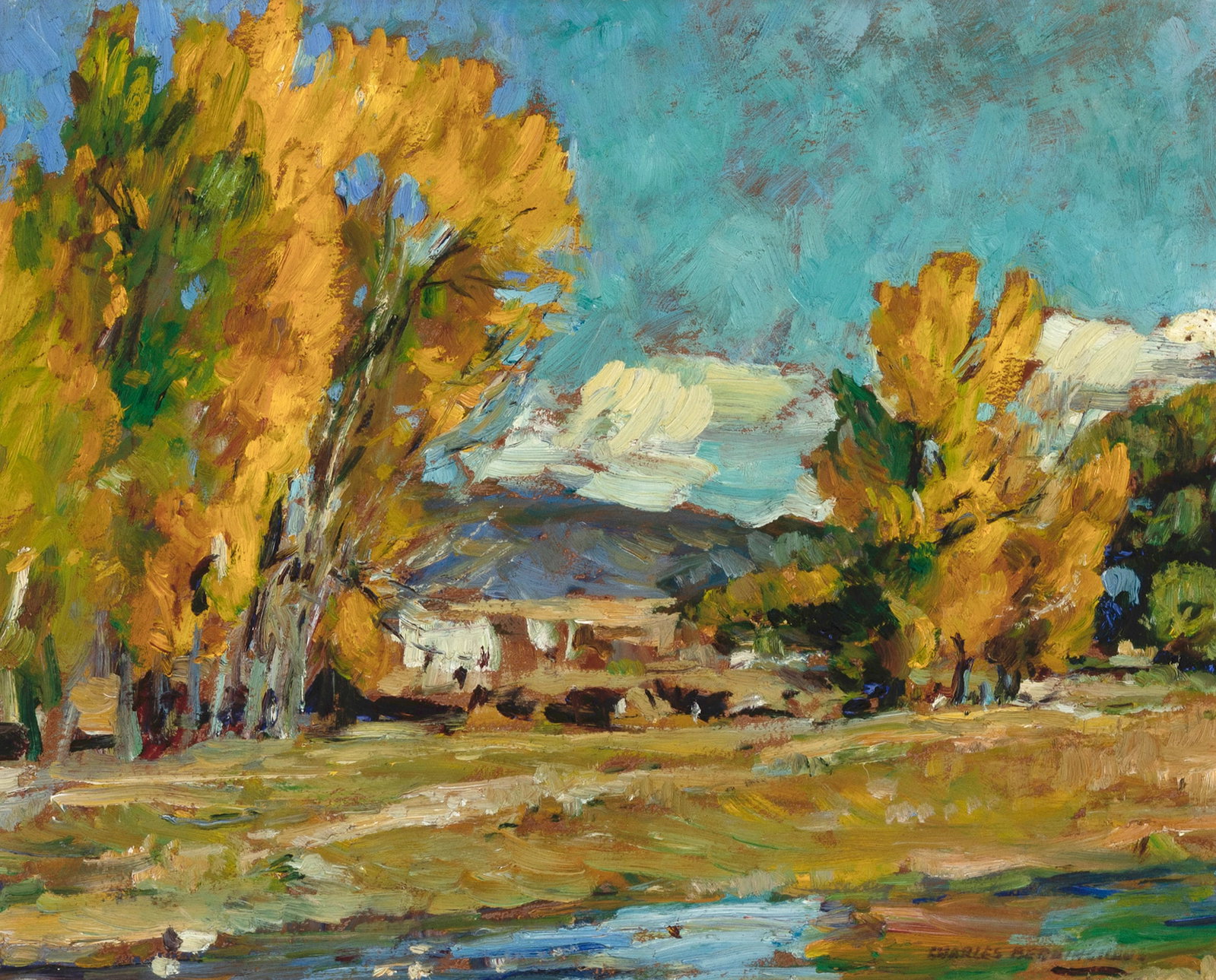 Charles Berninghaus, Untitled (Cattle Among Cottonwoods): Charles Berninghaus 1905 - 1988 Untitled (Cattle Among Cottonwoods) oil on board signed lower right: CHARLES BERNINGHAUS 15 1/2 x 19 3/8 in. (39.4 x 49.2 cm.), frame: 22 x 25 1/2 x 1 1/2 in. (55.9 x 6