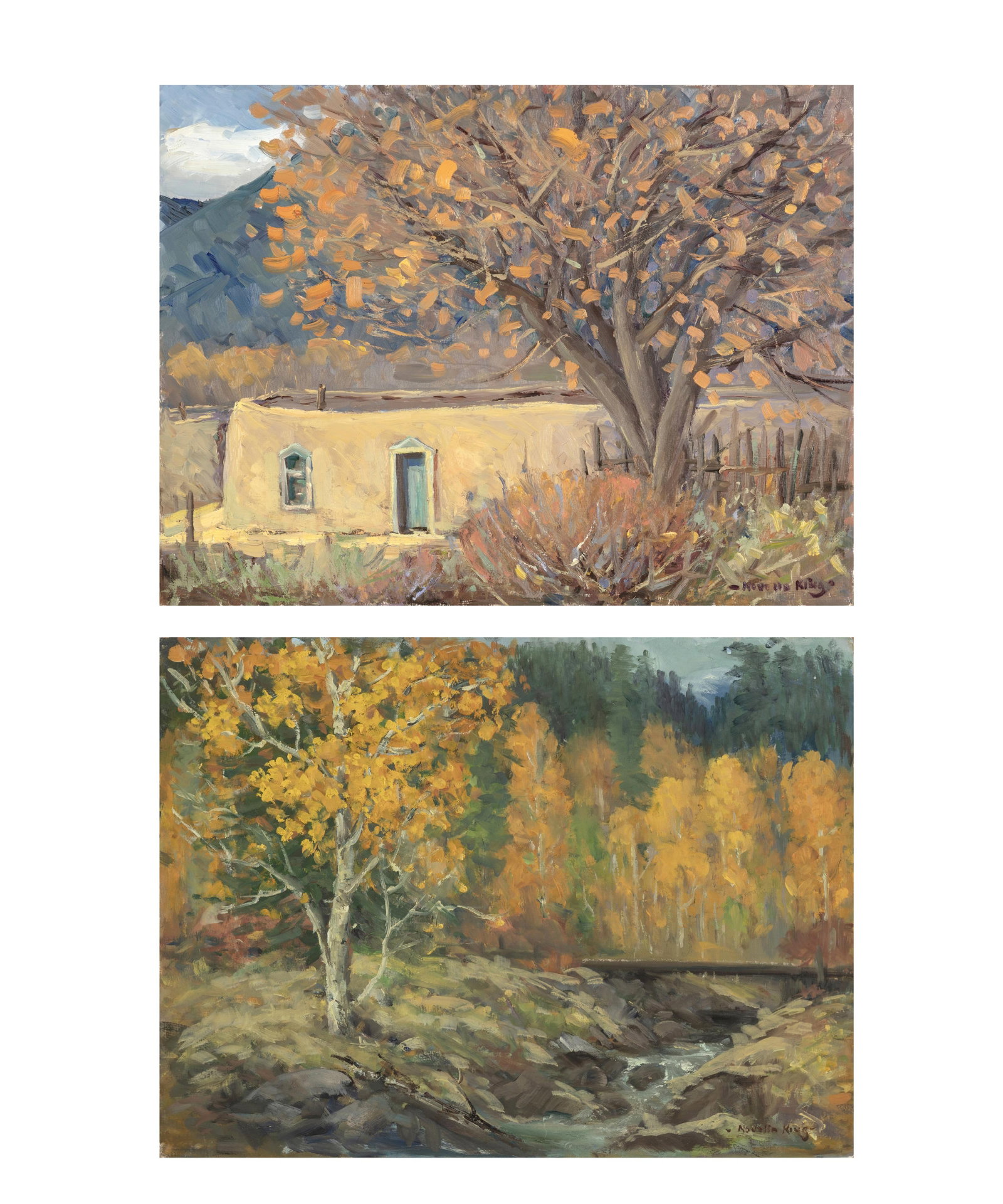 Novella King, Two Paintings: Untitled (Adobe in the Fall) + Untitled (Aspen Stream): Novella King b. 1927 Two Paintings: Untitled (Adobe in the Fall) + Untitled (Aspen Stream) oil on masonite each signed lower right: -Novella KiNg- each: 18 x 24 in. (45.7 x 61 cm.) Private