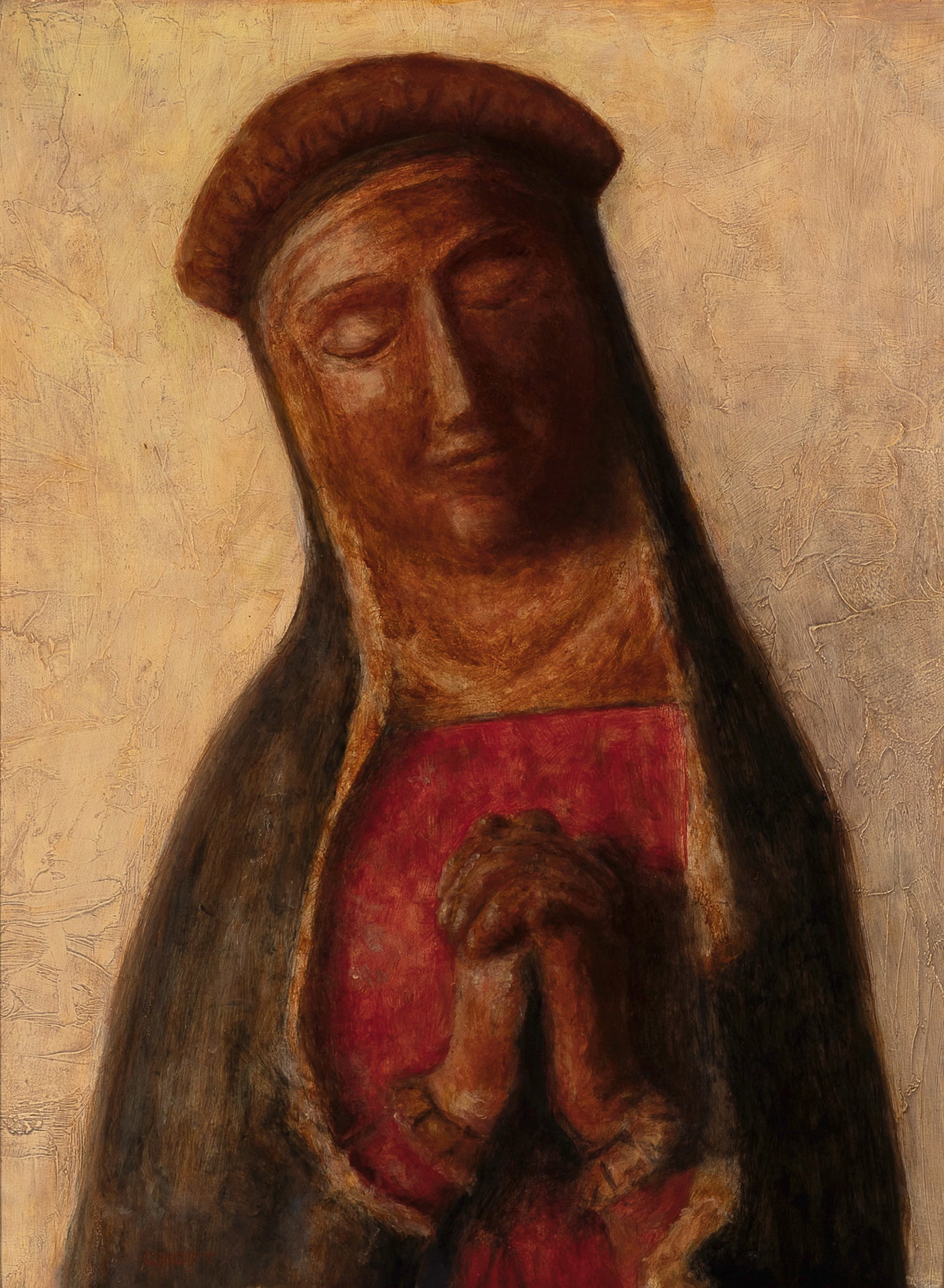 Frank Croft, Our Lady of Sorrows, 2002: Frank Croft b. 1952 Our Lady of Sorrows, 2002 oil on board inscribed verso: "OUR LADY OF SORROWS" / a still life of a Bulto originally carved by Santo Nino / Thank you Steve and Dotty Diamant for the 