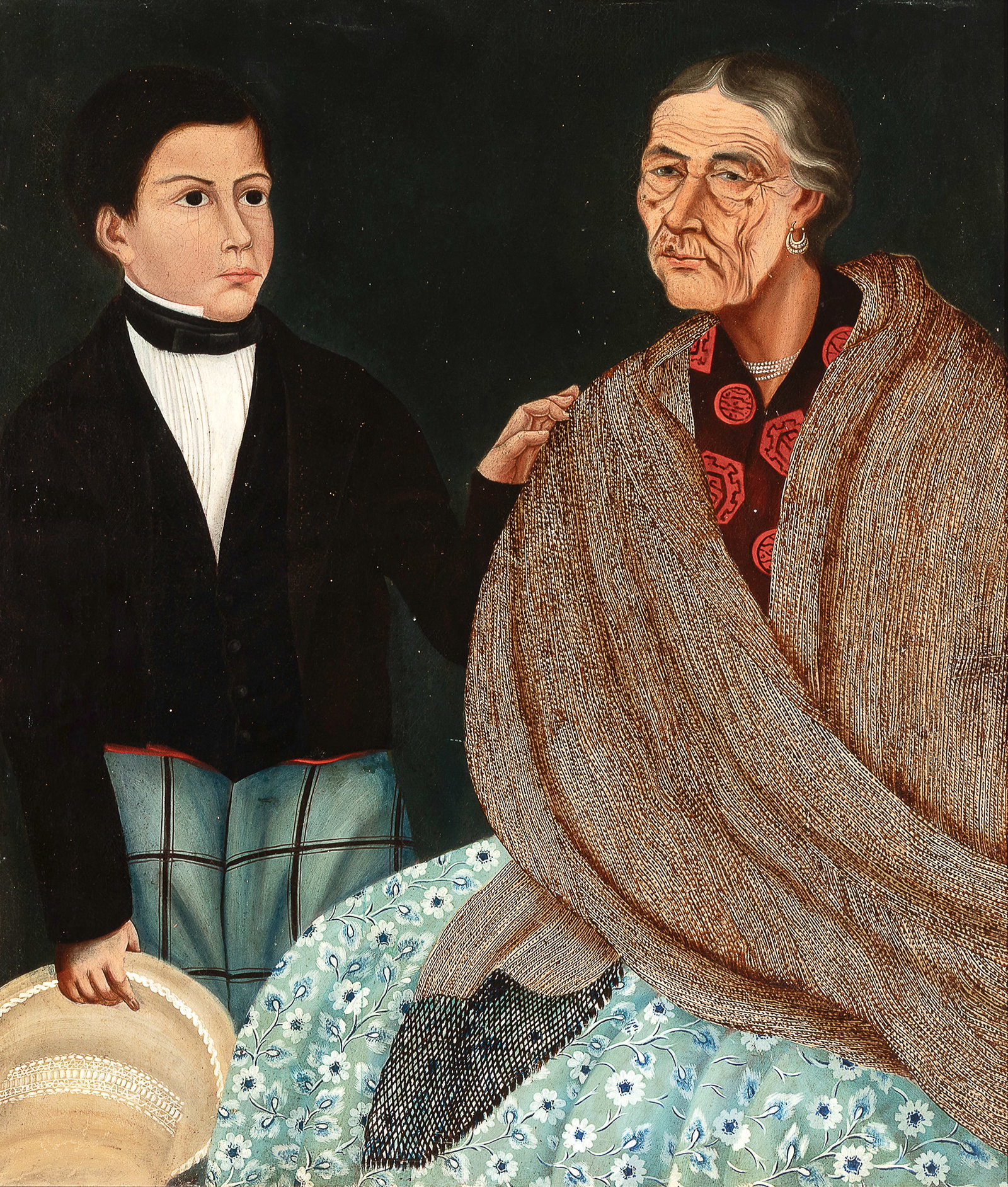 Mexican, Abuela y Nieto, ca. 1850: Mexican Abuela y Nieto, ca. 1850 oil on canvas mounted to masonite featuring New Mexican frame 34 7/8 x 29 1/2 in. (88.6 x 74.9 cm.), frame: 39 1/2 x 34 1/2 x 1 1/8 in. (100.3 x 87.6 x 2.9 cm.) The Co